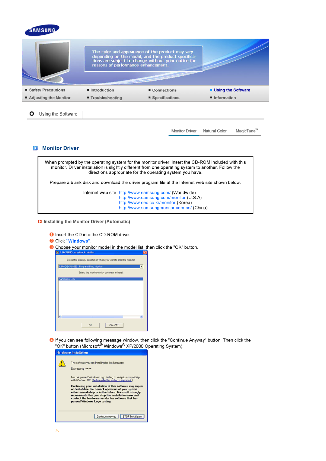 Samsung 731BA, 931BA manual Installing the Monitor Driver Automatic 