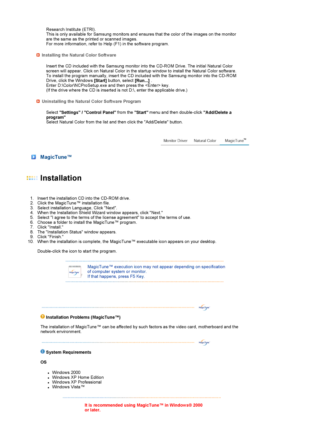 Samsung 731BA, 931BA MagicTune, Installing the Natural Color Software, Uninstalling the Natural Color Software Program 