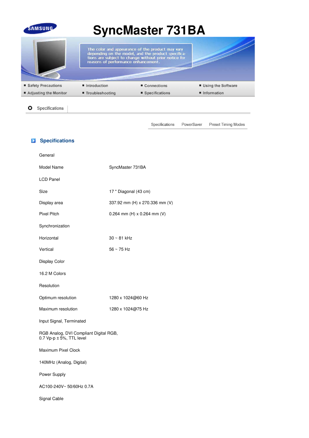 Samsung 731BA, 931BA manual SyncMaster 731BA, Specifications 