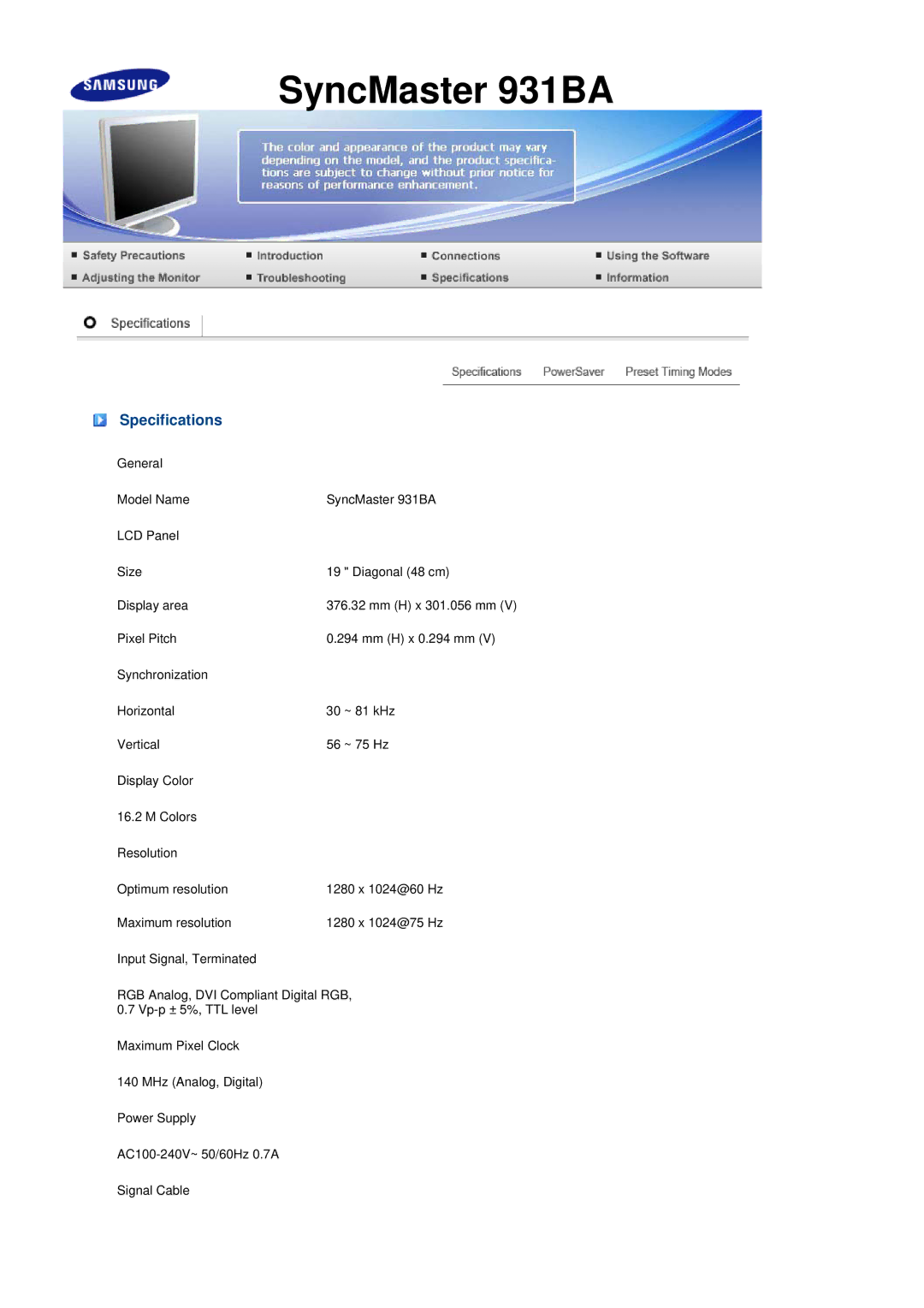 Samsung 731BA, 931BA manual SyncMaster 931BA 