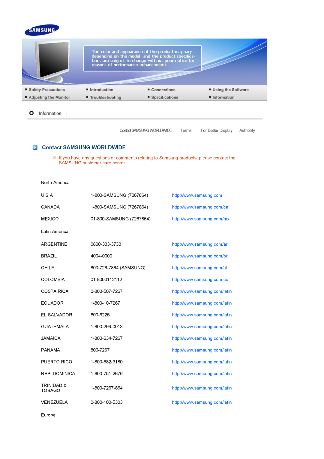 Samsung 731BA, 931BA manual Contact Samsung Worldwide 