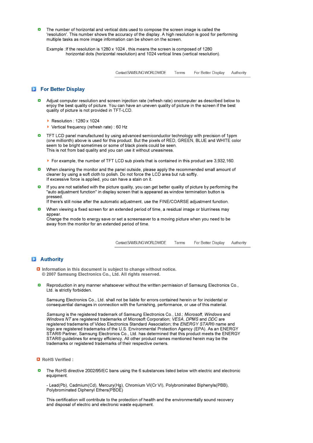 Samsung 731BA, 931BA manual For Better Display, Authority, RoHS Verified 