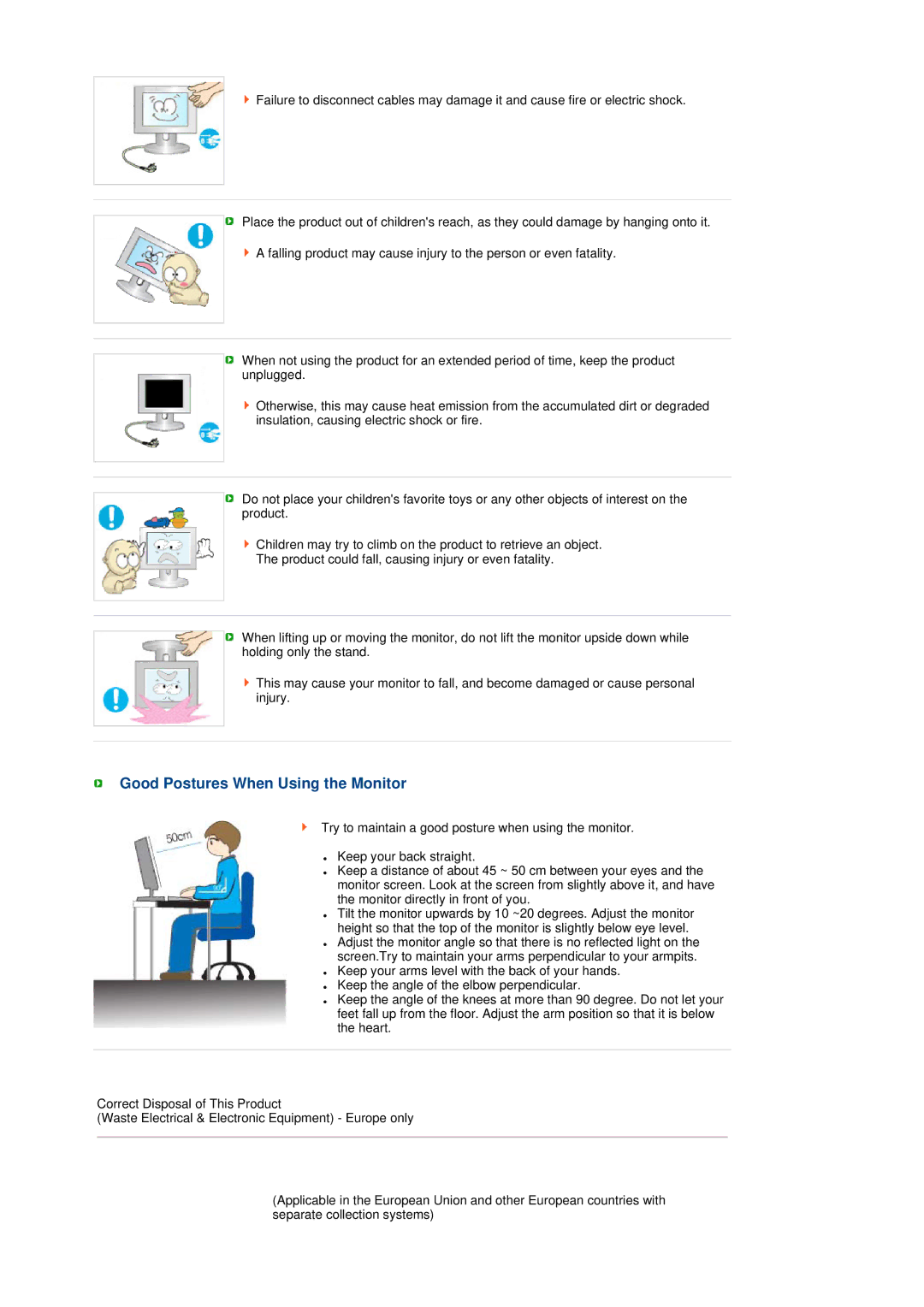 Samsung 731BA, 931BA manual Good Postures When Using the Monitor 