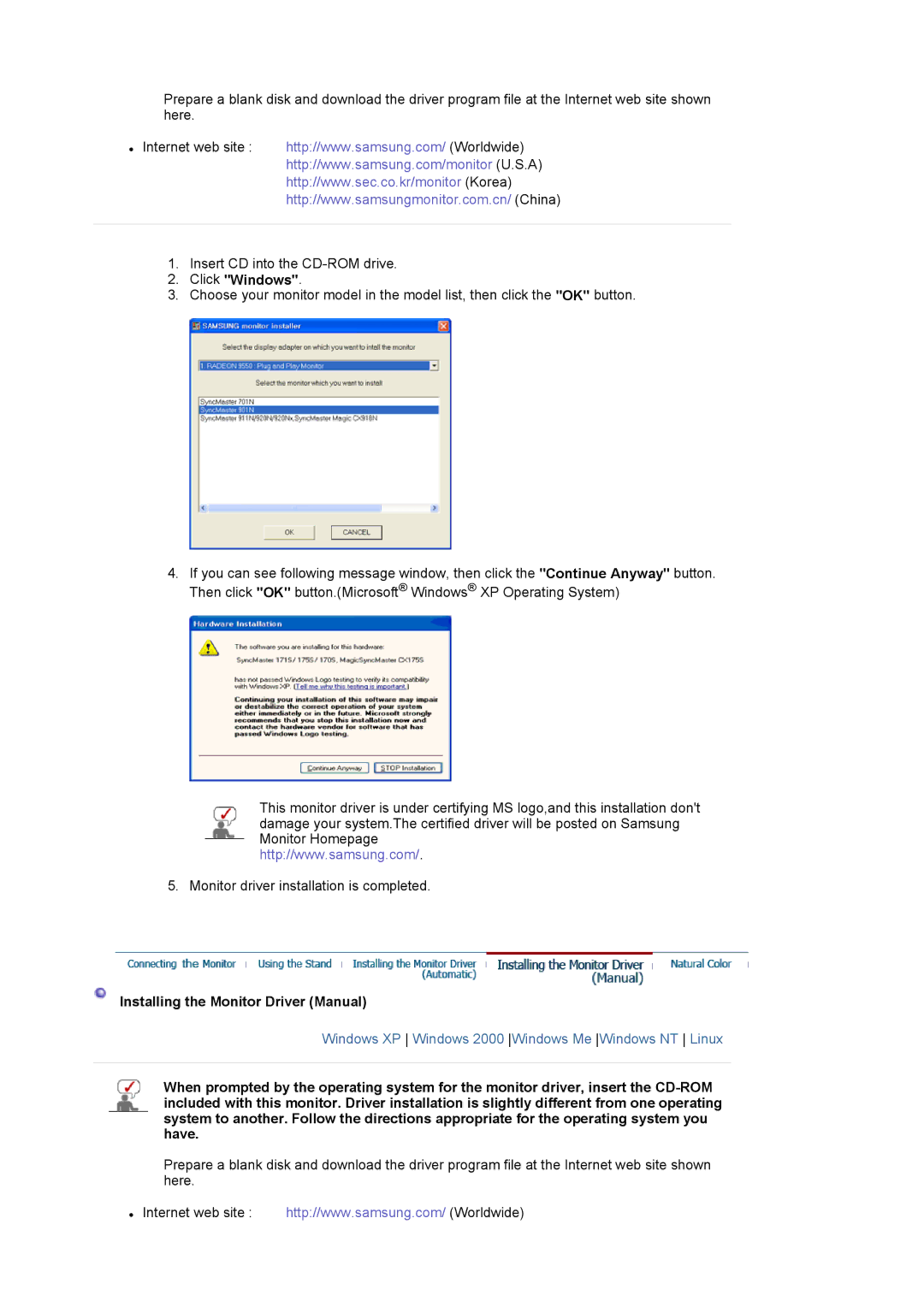 Samsung 731N manual Click Windows, Installing the Monitor Driver Manual 