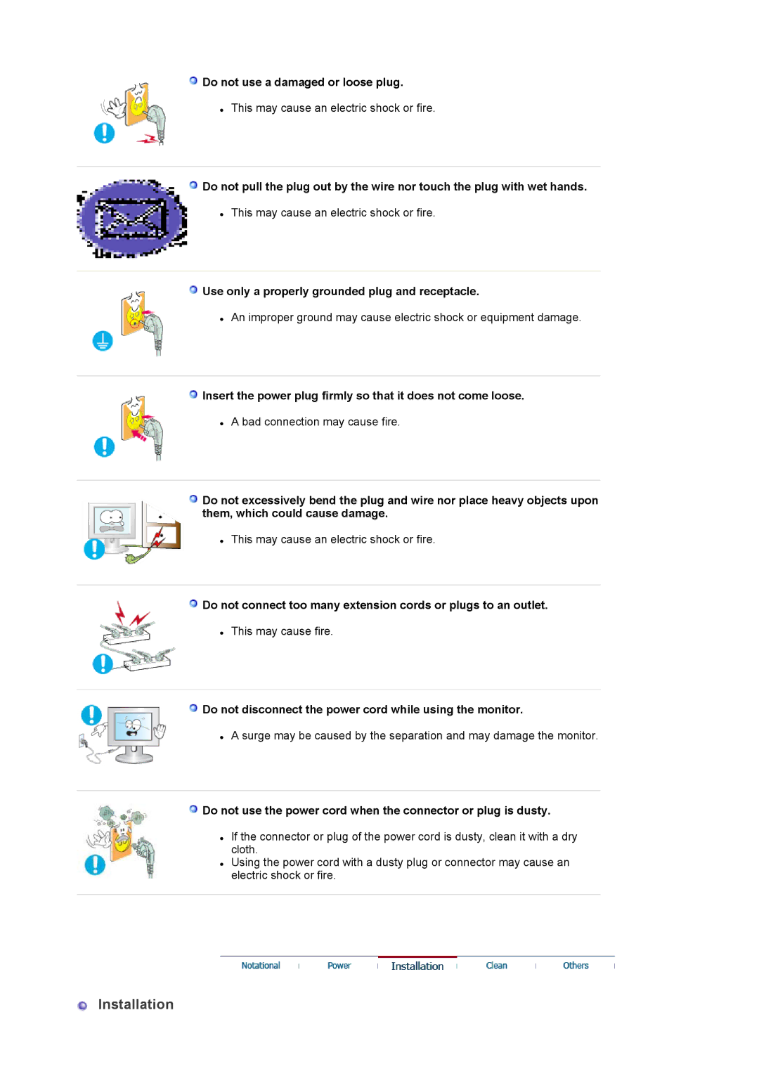 Samsung 731N manual Do not use a damaged or loose plug, Use only a properly grounded plug and receptacle 