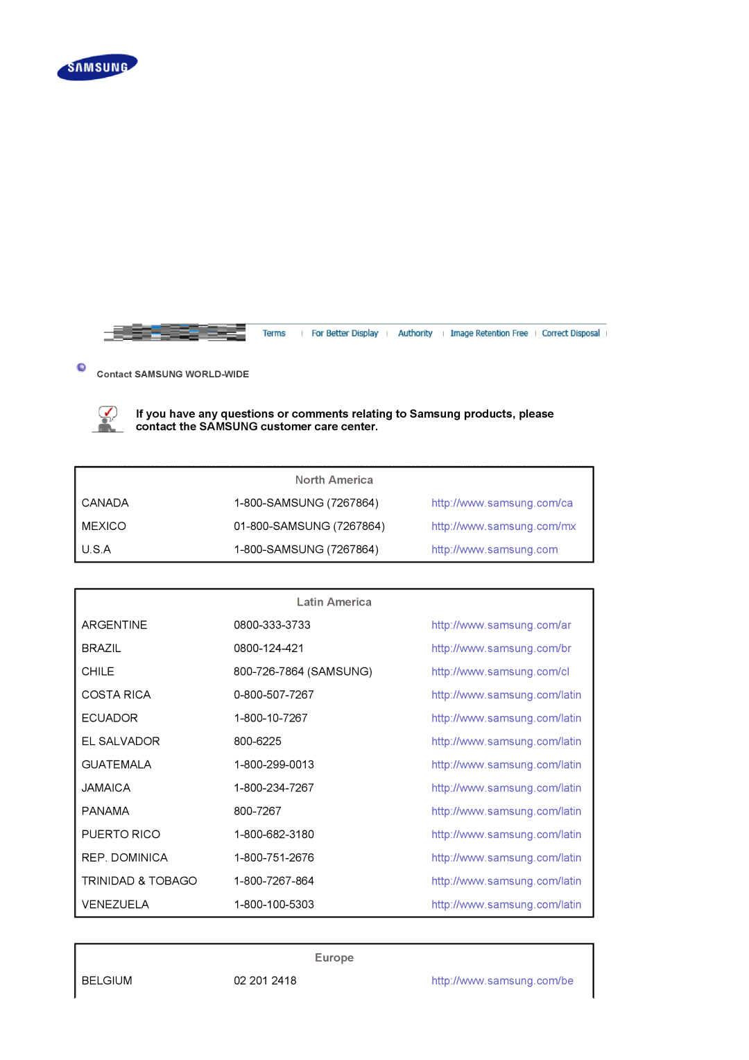 Samsung 731N manual North America, Latin America, Europe 