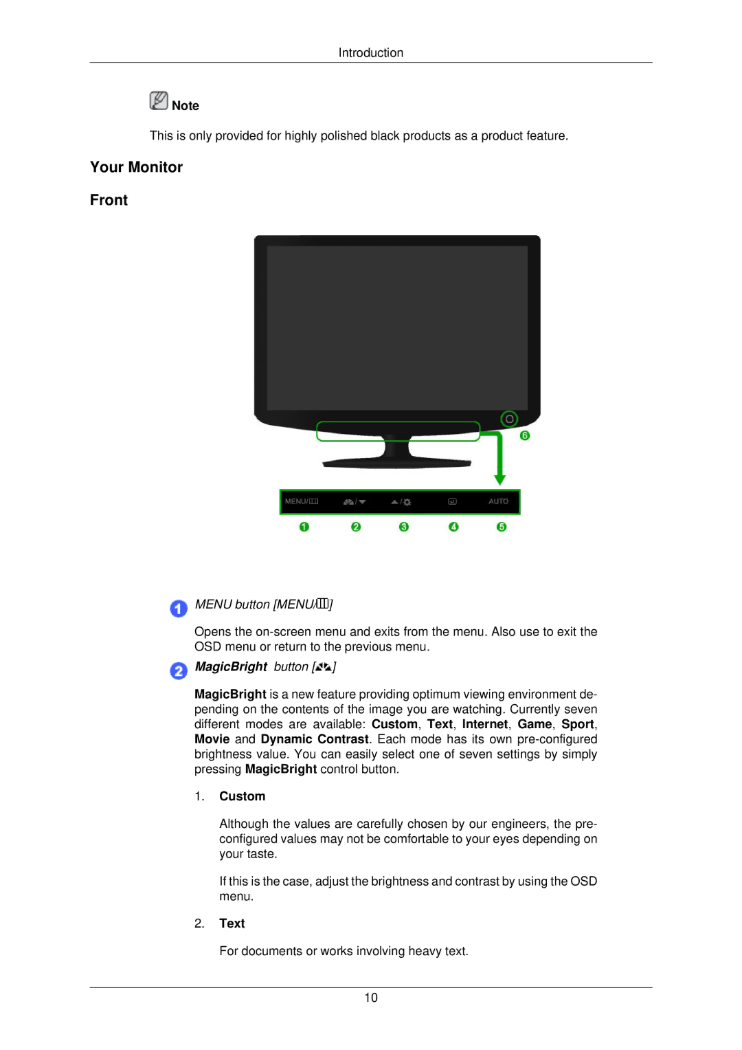 Samsung 732NW PLUS user manual Your Monitor Front, Custom, Text 