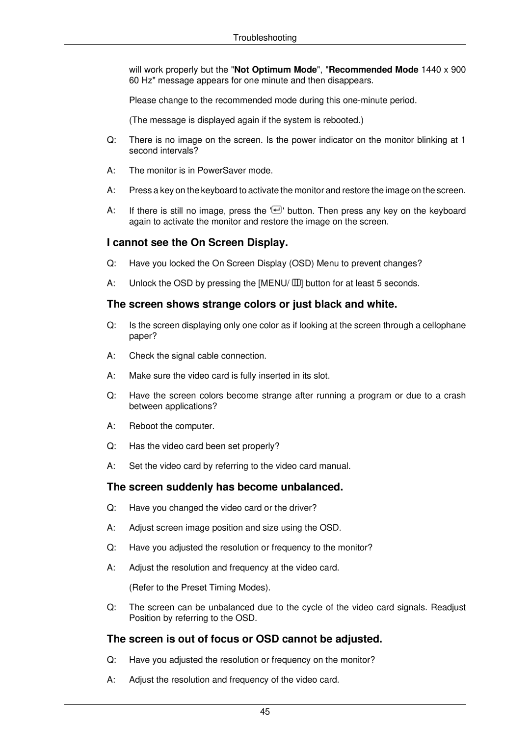 Samsung 732NW PLUS user manual Cannot see the On Screen Display, Screen shows strange colors or just black and white 