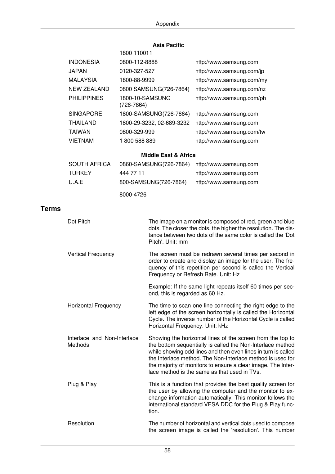 Samsung 732NW PLUS user manual Terms, Middle East & Africa 