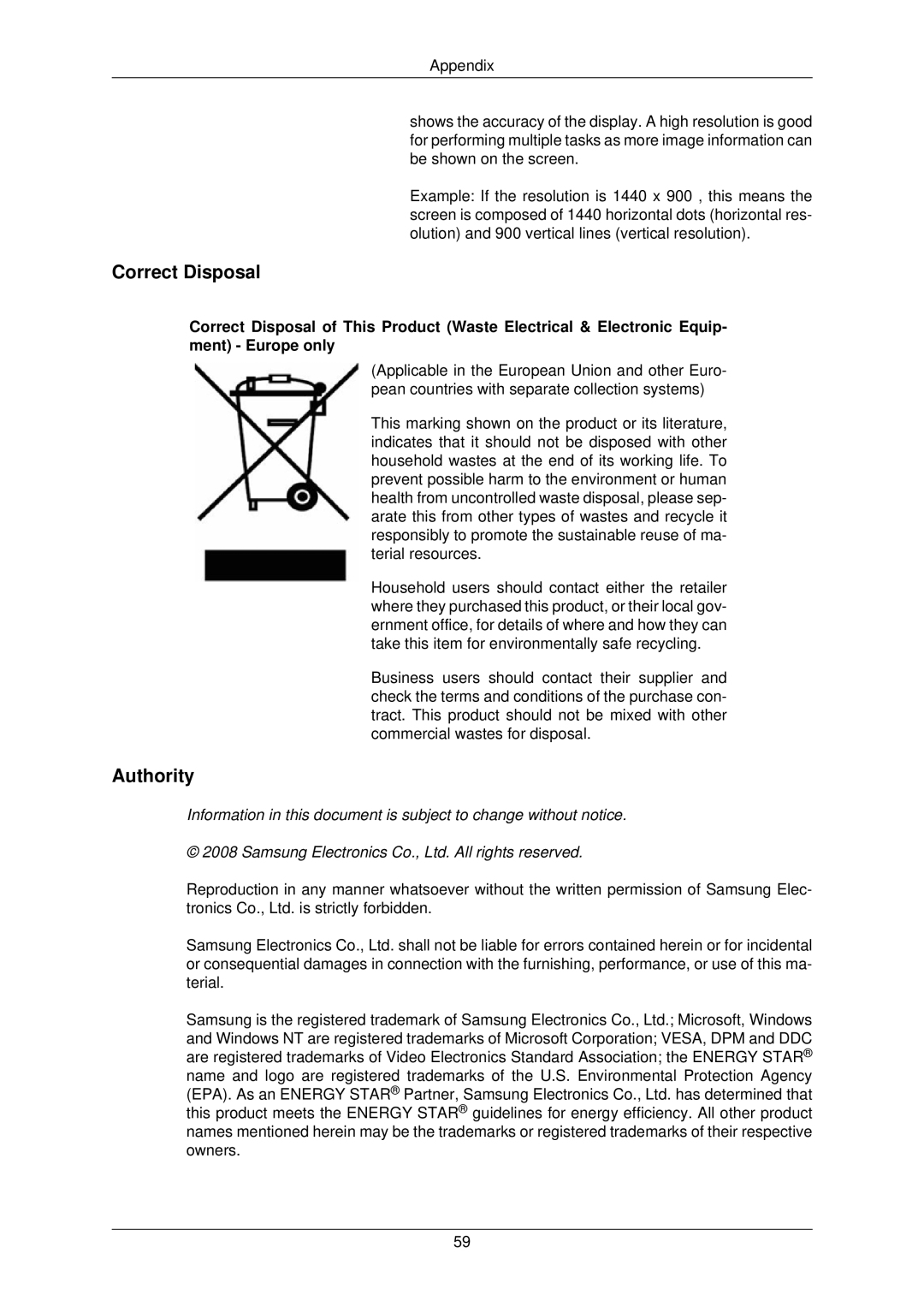 Samsung 732NW PLUS user manual Correct Disposal, Authority 