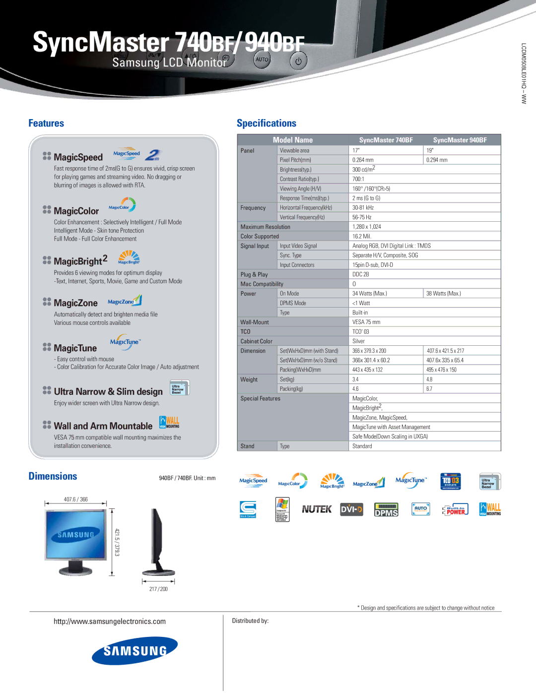 Samsung 740BF/940BF manual Features, Dimensions, Specifications 