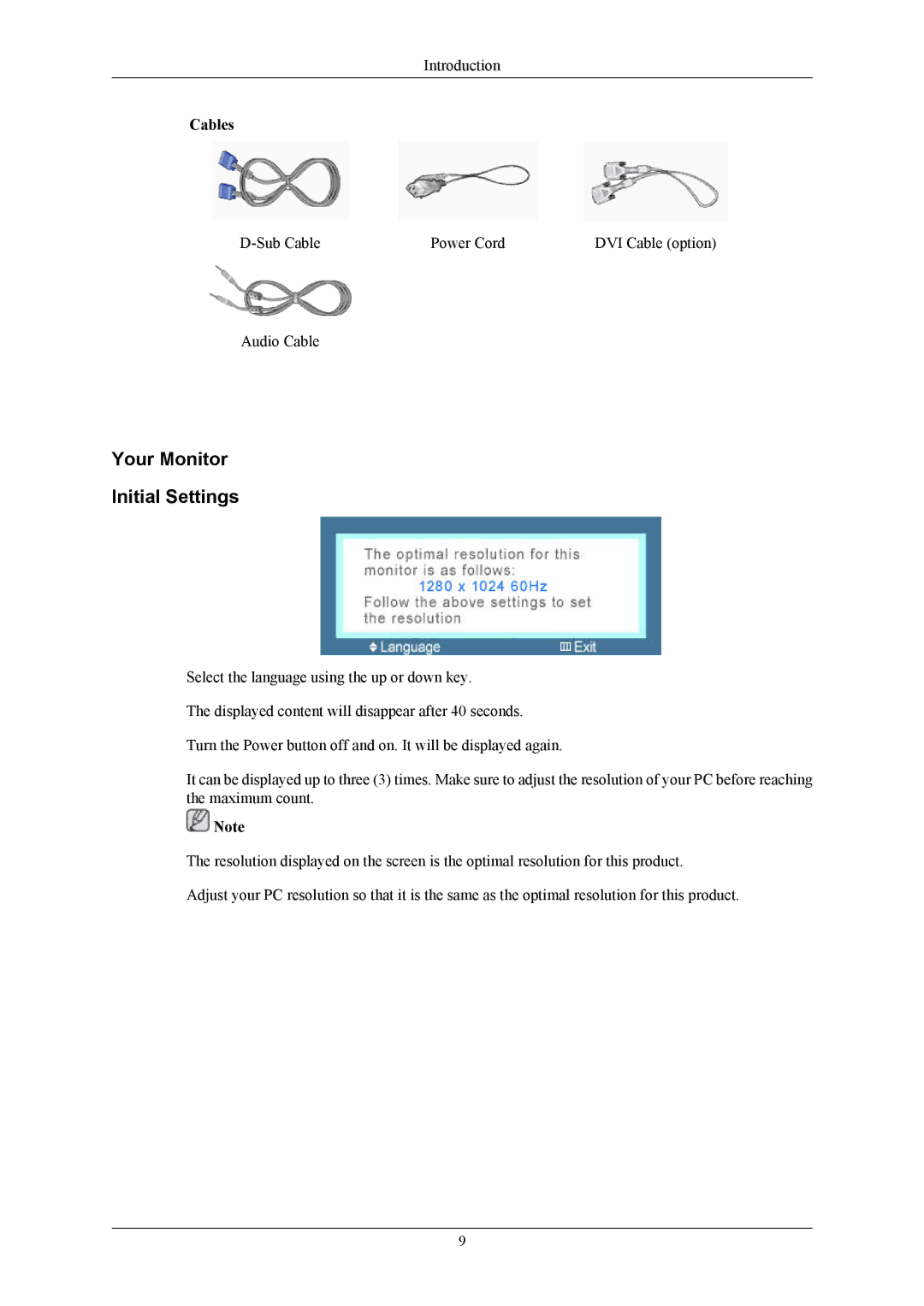 Samsung 743BM, 943BM user manual Your Monitor Initial Settings, Cables 