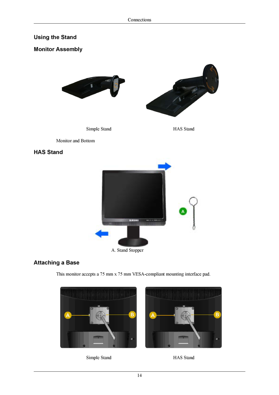 Samsung 943BM, 743BM user manual Using the Stand Monitor Assembly, Has Stand, Attaching a Base 