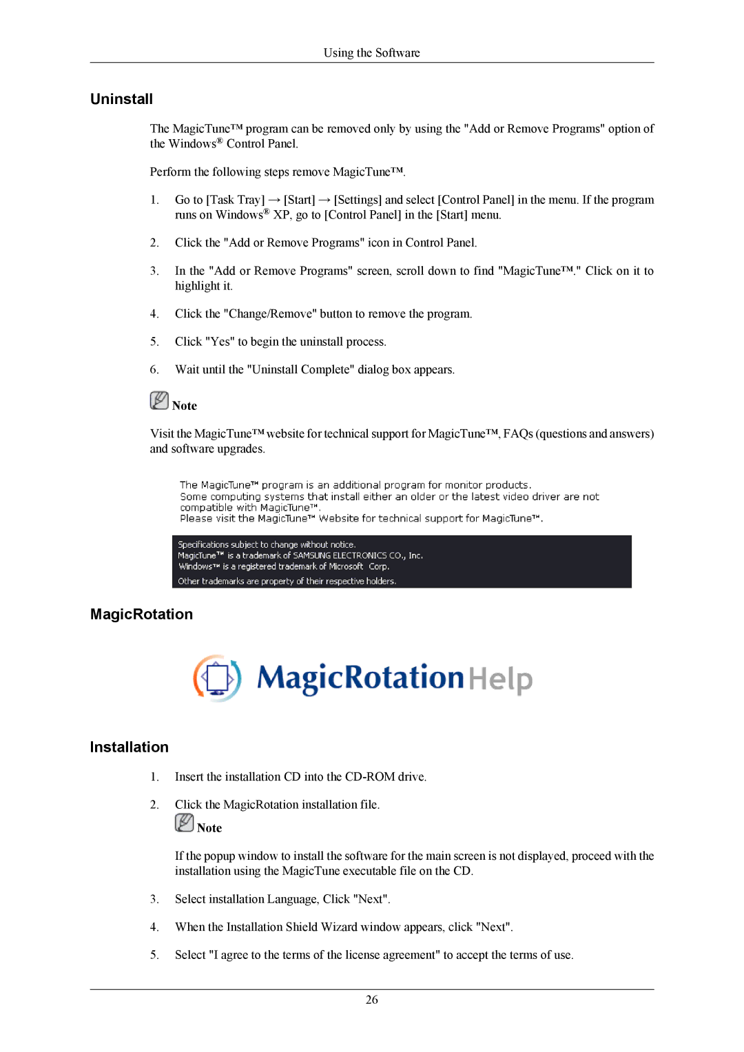 Samsung 943BM, 743BM user manual Uninstall, MagicRotation Installation 