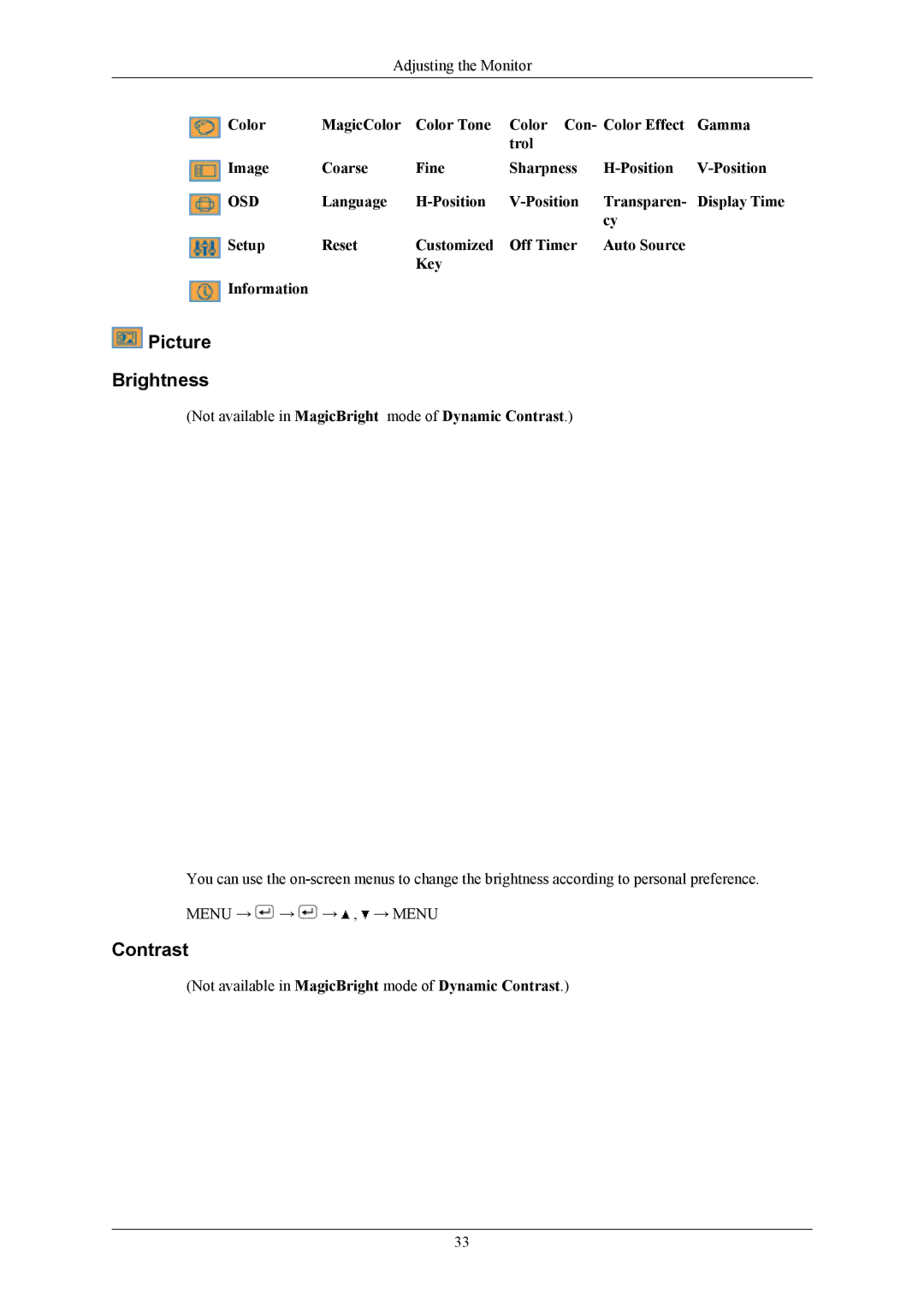 Samsung 743BM, 943BM user manual Picture Brightness, Contrast 