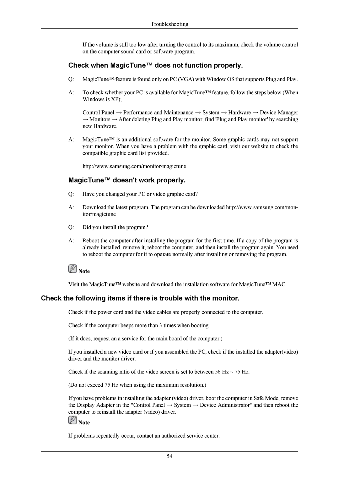 Samsung 943BM, 743BM user manual Check when MagicTune does not function properly, MagicTune doesnt work properly 