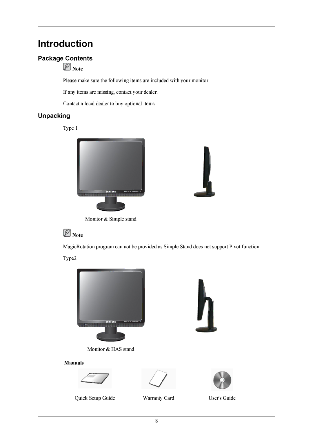 Samsung 943BM, 743BM user manual Introduction, Package Contents, Unpacking 