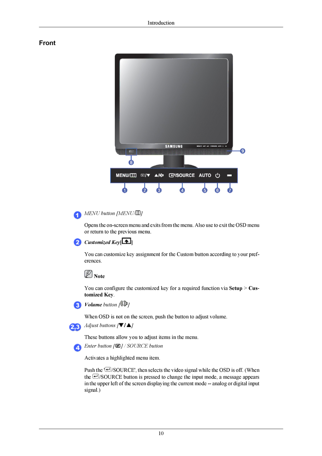 Samsung 743BM/943BM user manual Front, Menu button Menu 