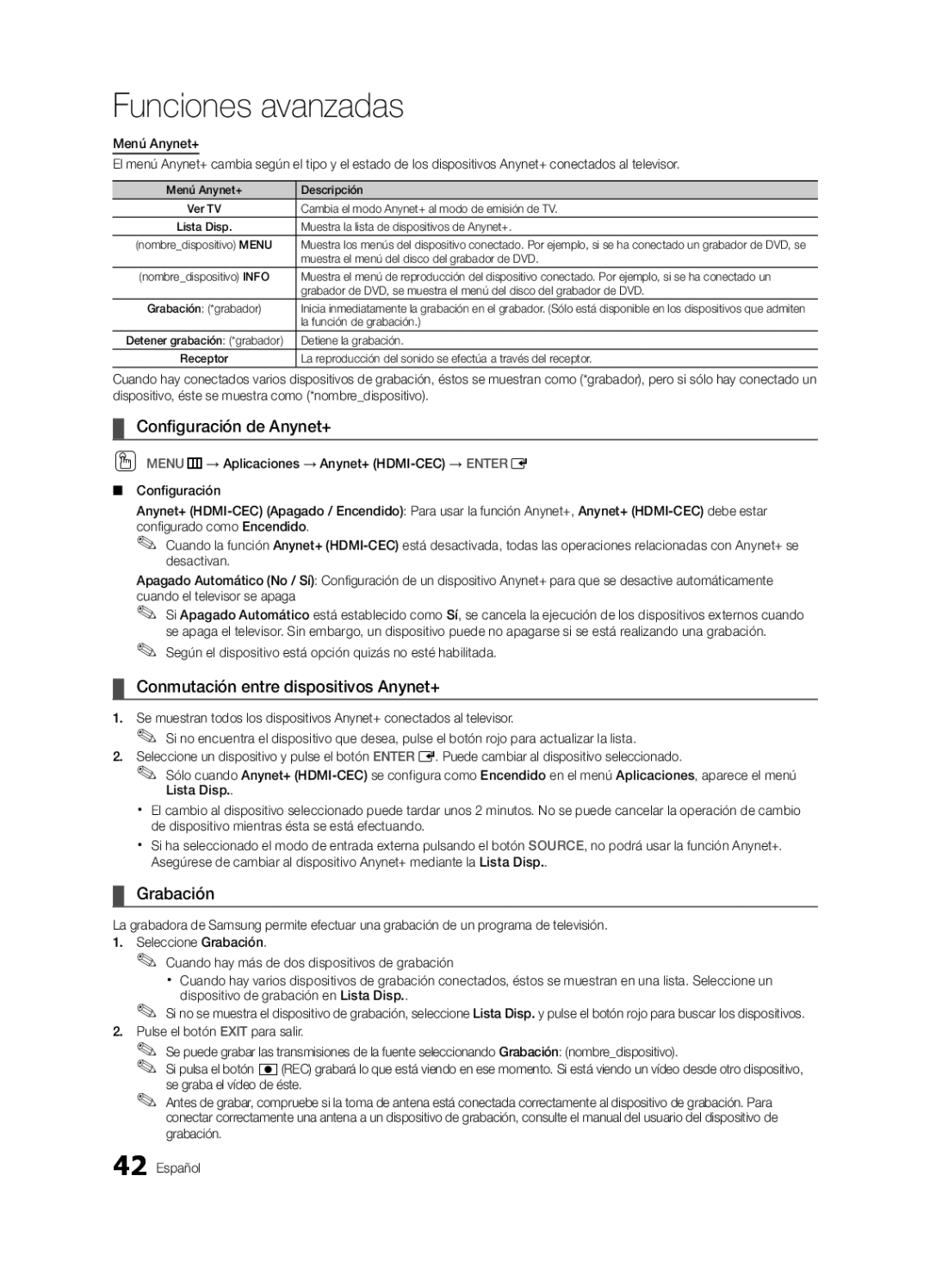 Samsung 750 user manual Configuración de Anynet+, Conmutación entre dispositivos Anynet+, Grabación 