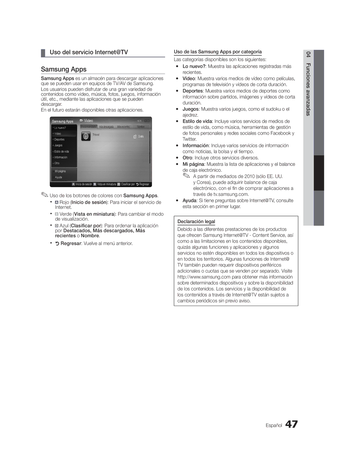 Samsung 750 user manual Samsung Apps, Uso del servicio Internet@TV 