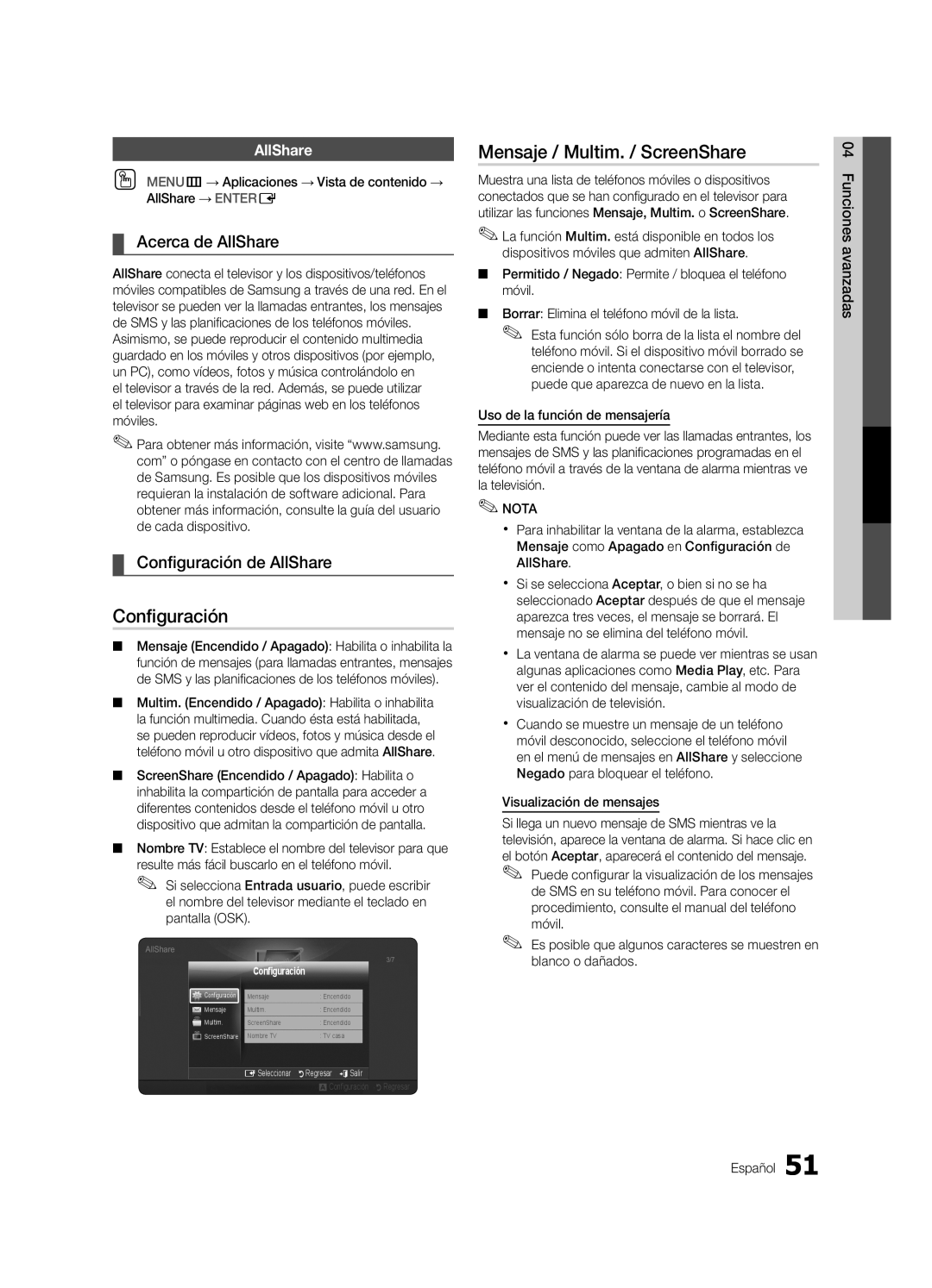 Samsung 750 user manual Mensaje / Multim. / ScreenShare, Acerca de AllShare, Configuración de AllShare 