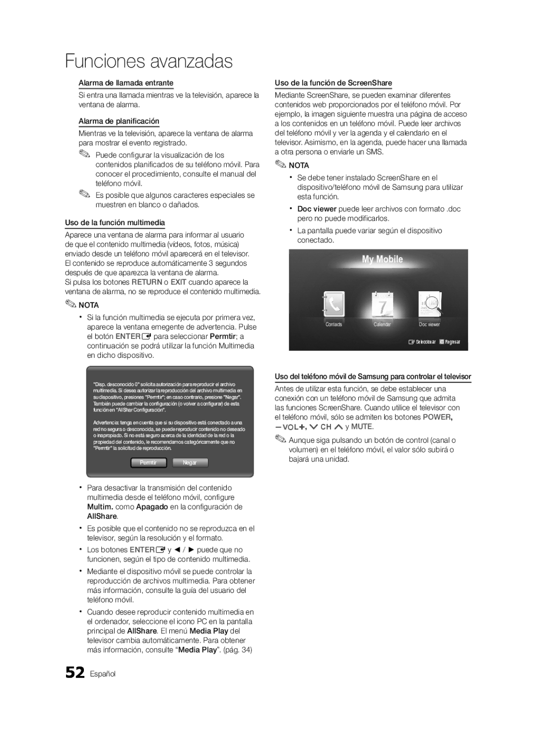 Samsung 750 user manual Uso de la función multimedia, Español Uso de la función de ScreenShare 