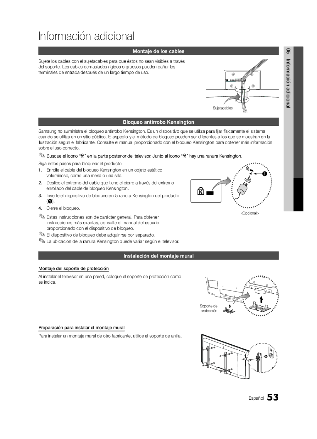 Samsung 750 Información adicional, Montaje de los cables, Bloqueo antirrobo Kensington, Instalación del montaje mural 