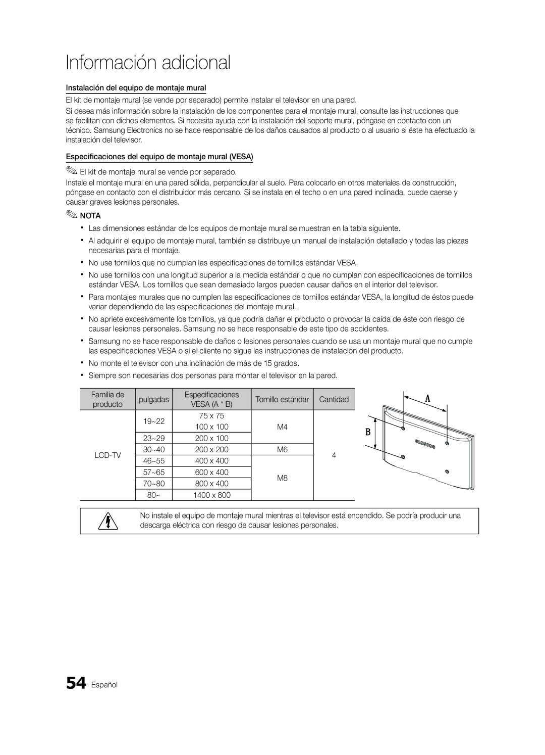 Samsung 750 user manual Cantidad, Tornillo estándar, Producto Vesa a * B 19~22 75 x 100 x 23~29 200 x 