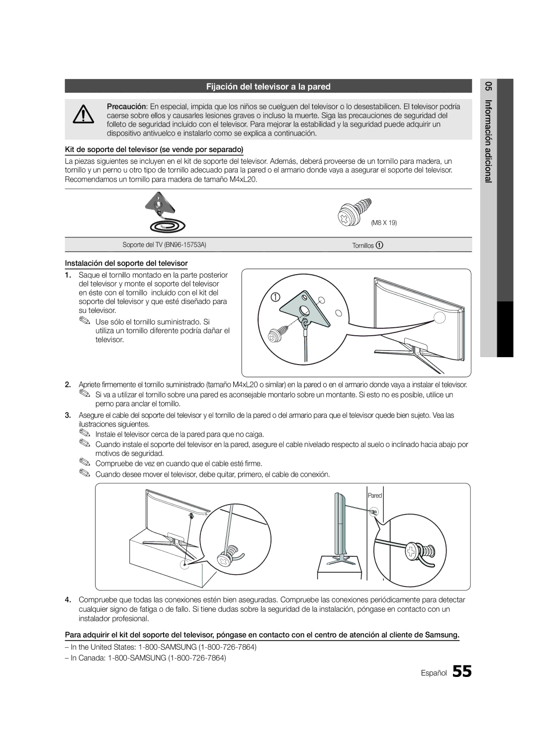 Samsung 750 Fijación del televisor a la pared, Instalación del soporte del televisor, M8 X Soporte del TV BN96-15753A 