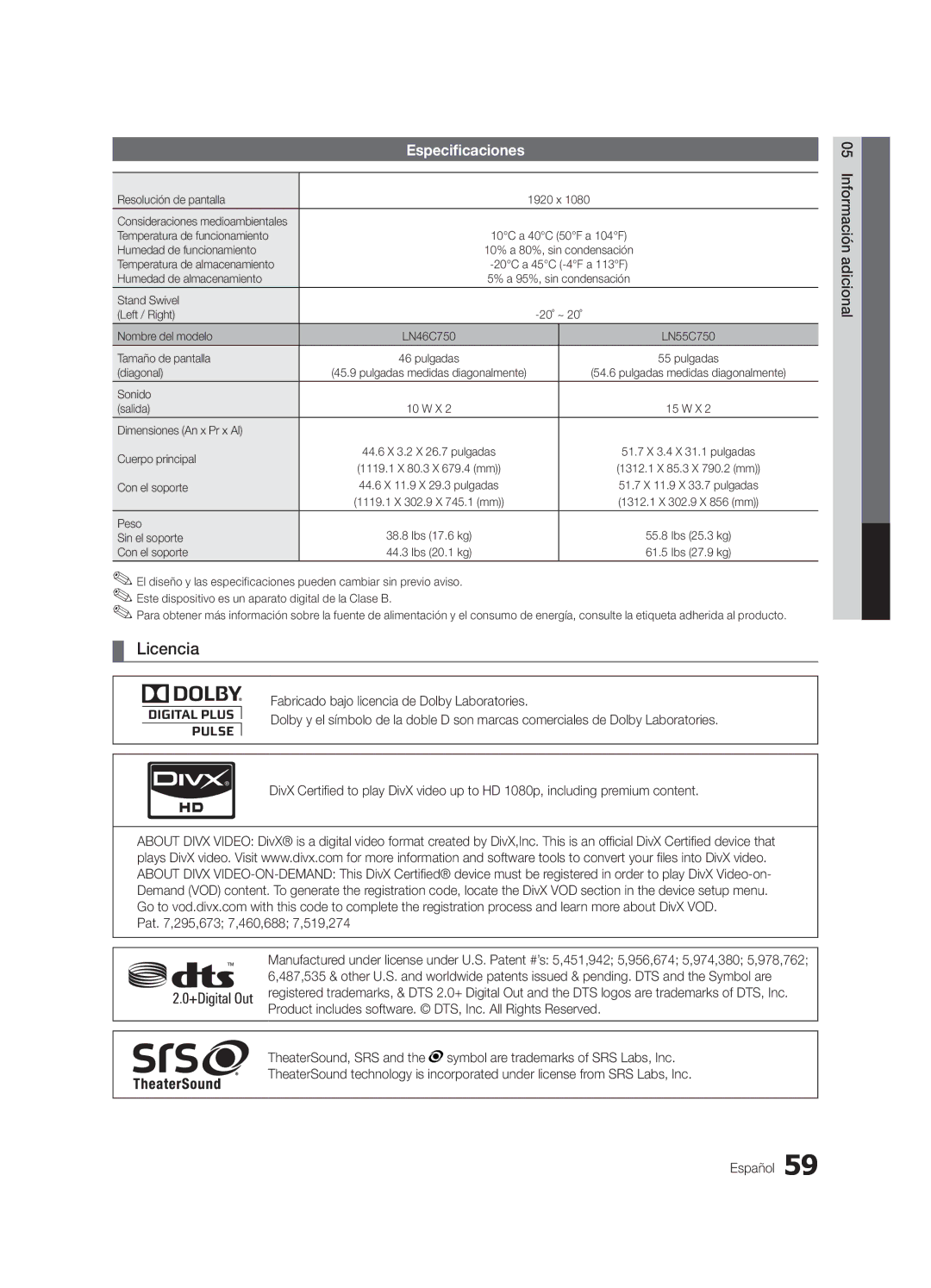 Samsung 750 user manual Licencia 