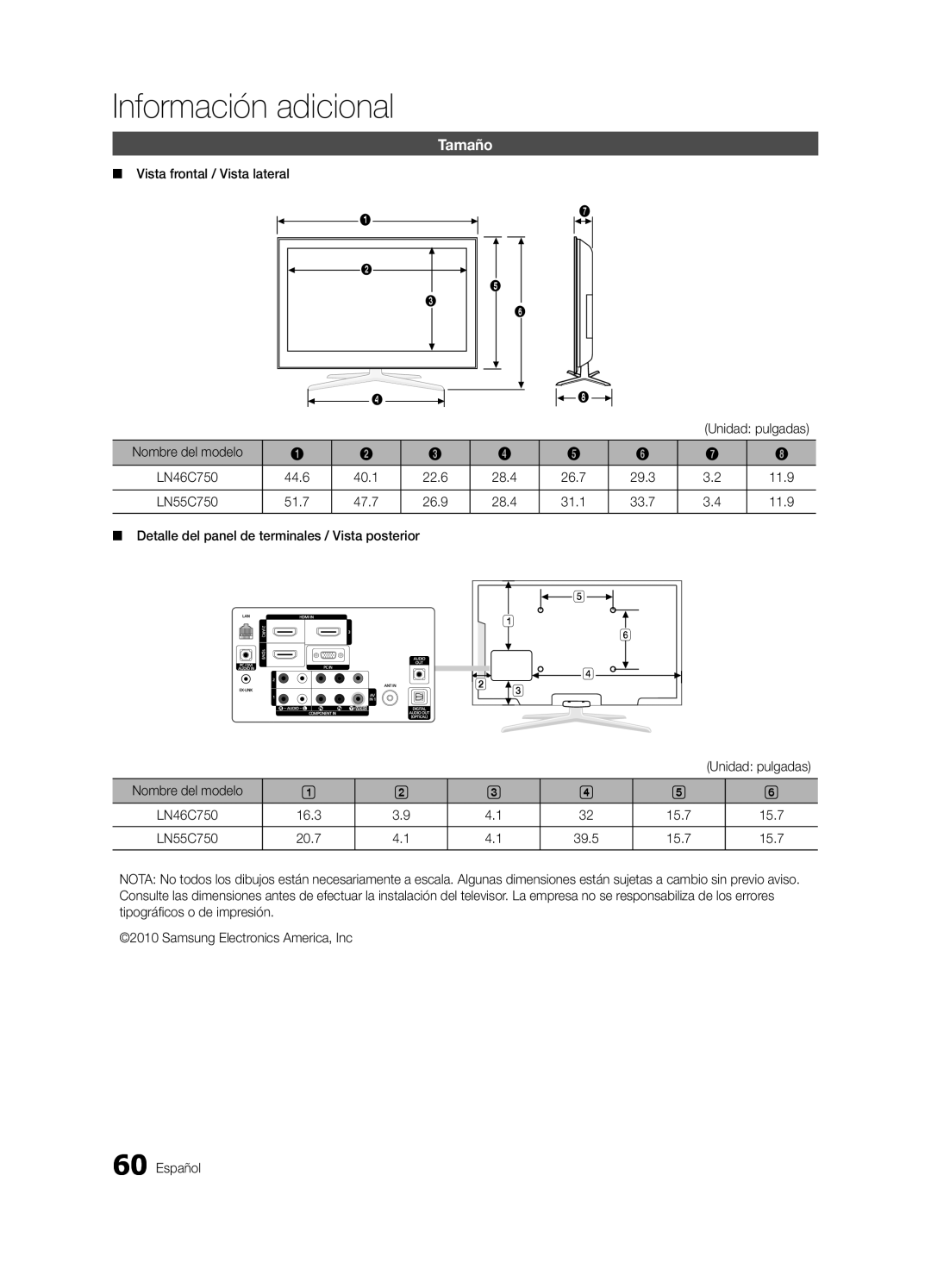 Samsung 750 user manual Tamaño, Vista frontal / Vista lateral, 44.6, 51.7, 15.7 