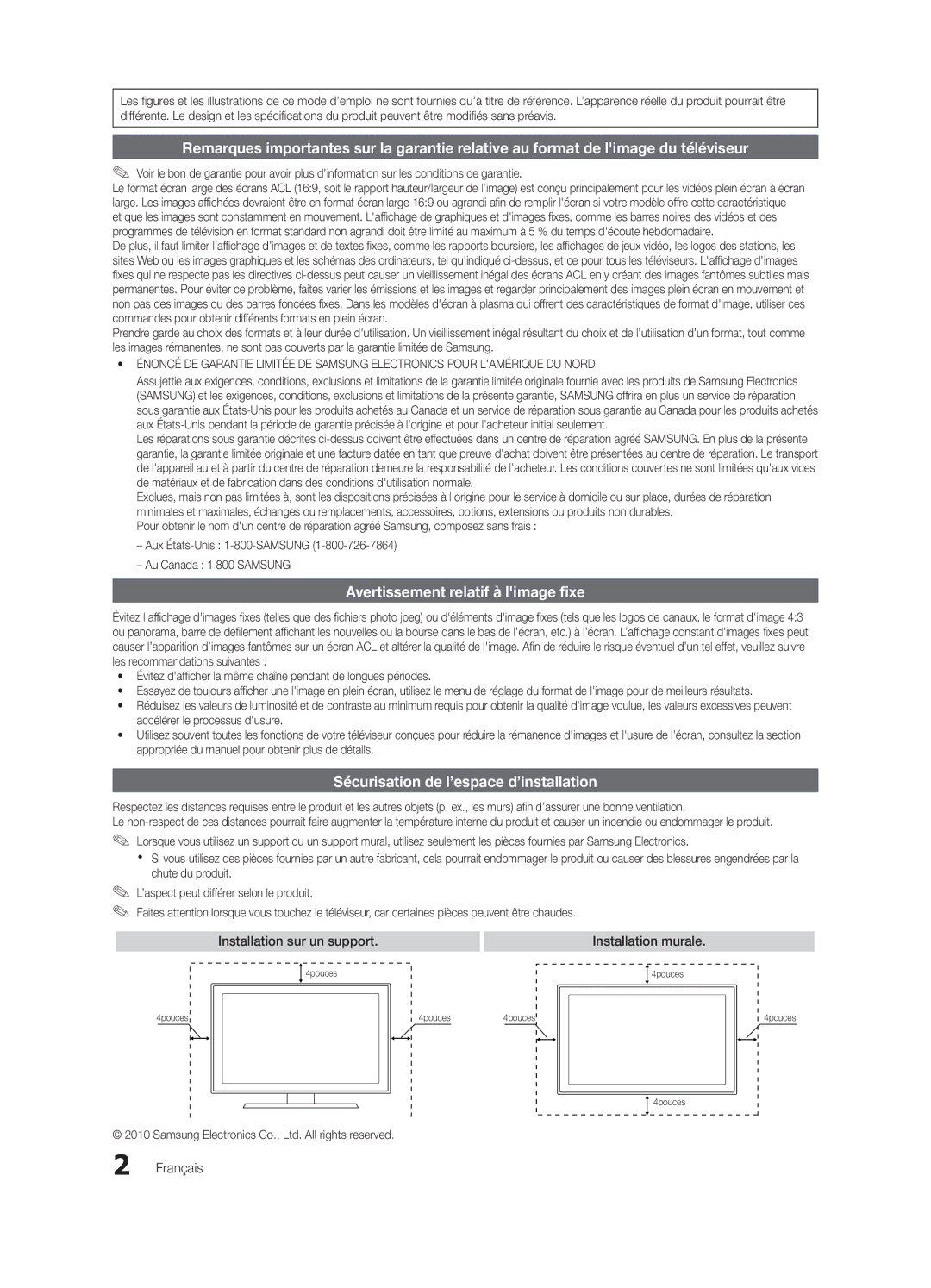 Samsung 750 Avertissement relatif à limage fixe, Sécurisation de l’espace d’installation, Installation sur un support 