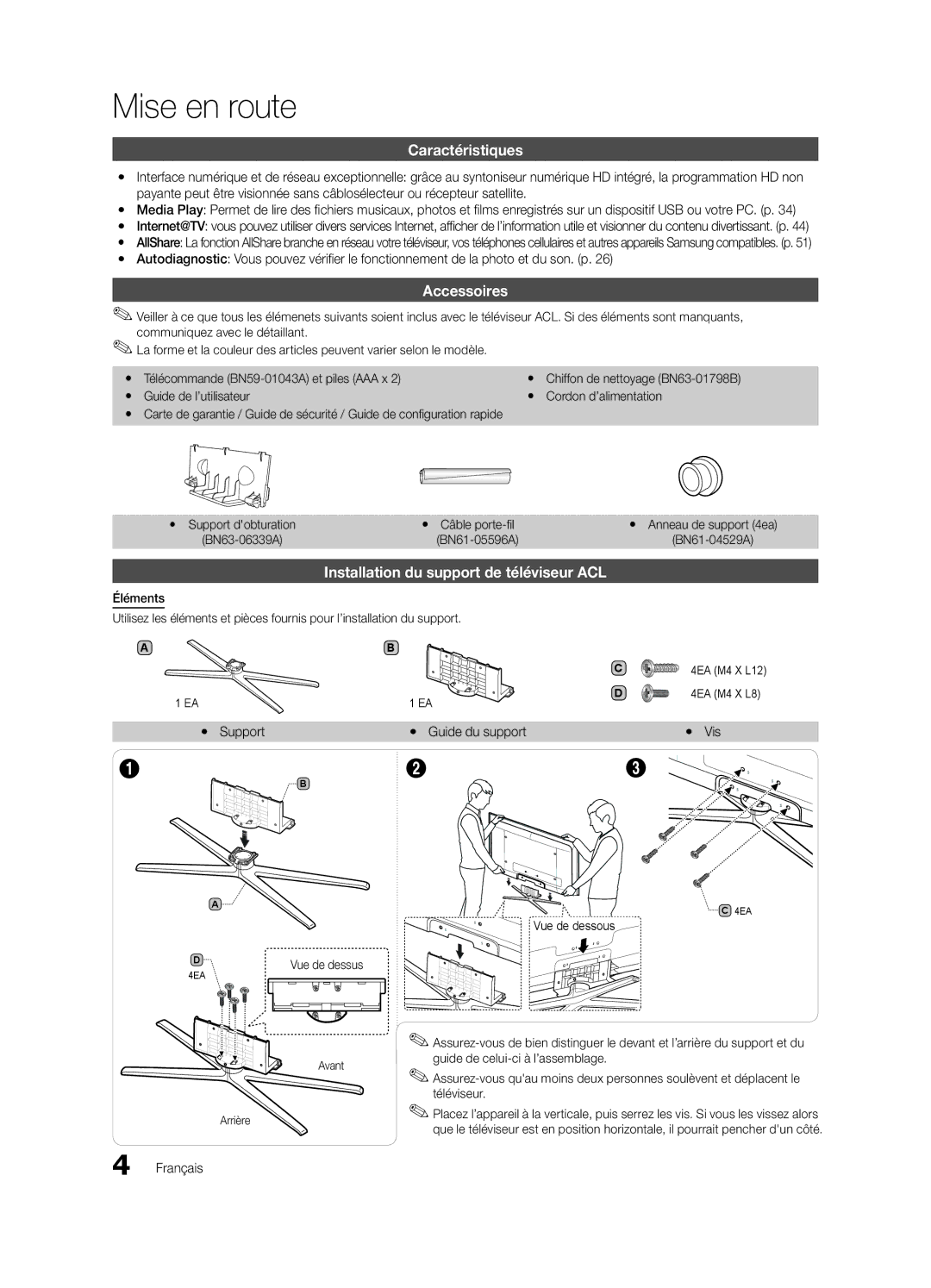 Samsung 750 user manual Mise en route, Caractéristiques, Accessoires, Installation du support de téléviseur ACL 