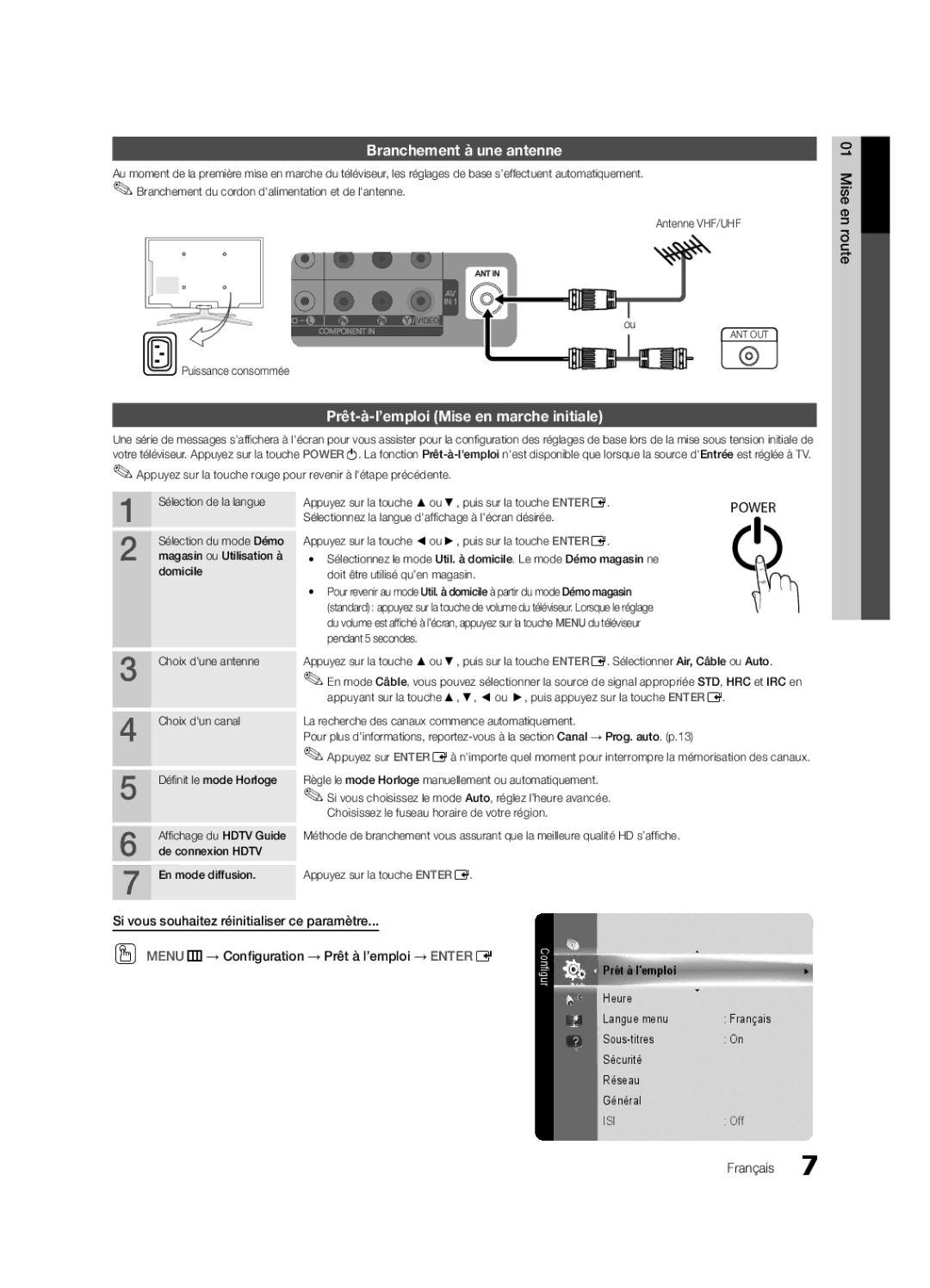 Samsung 750 user manual Branchement à une antenne, Prêt-à-l’emploi Mise en marche initiale, Câble 