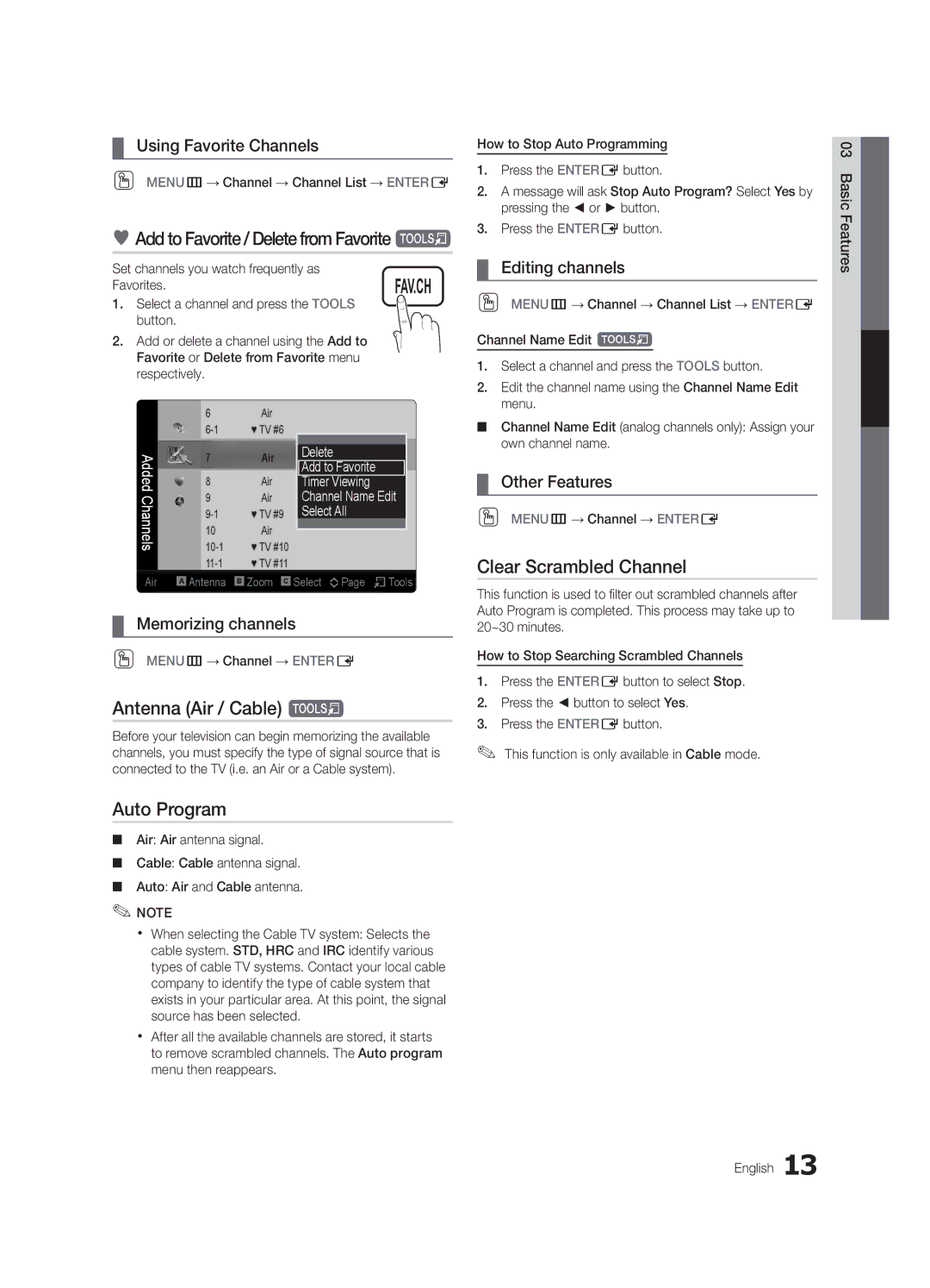 Samsung 750 Add to Favorite / Delete from Favorite t, Antenna Air / Cable t, Clear Scrambled Channel, Auto Program 