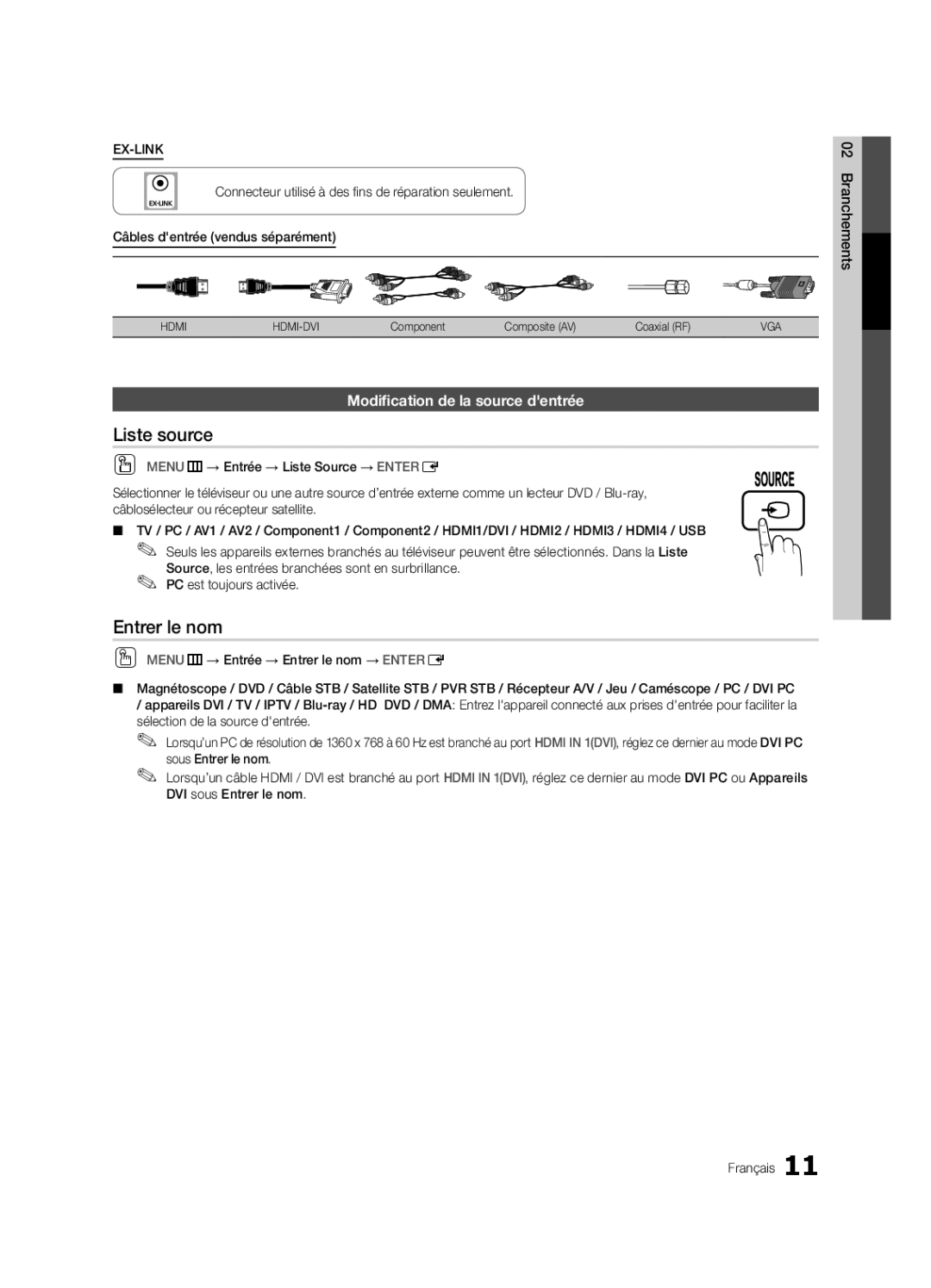 Samsung 750 user manual Liste source, Entrer le nom, Modification de la source dentrée 