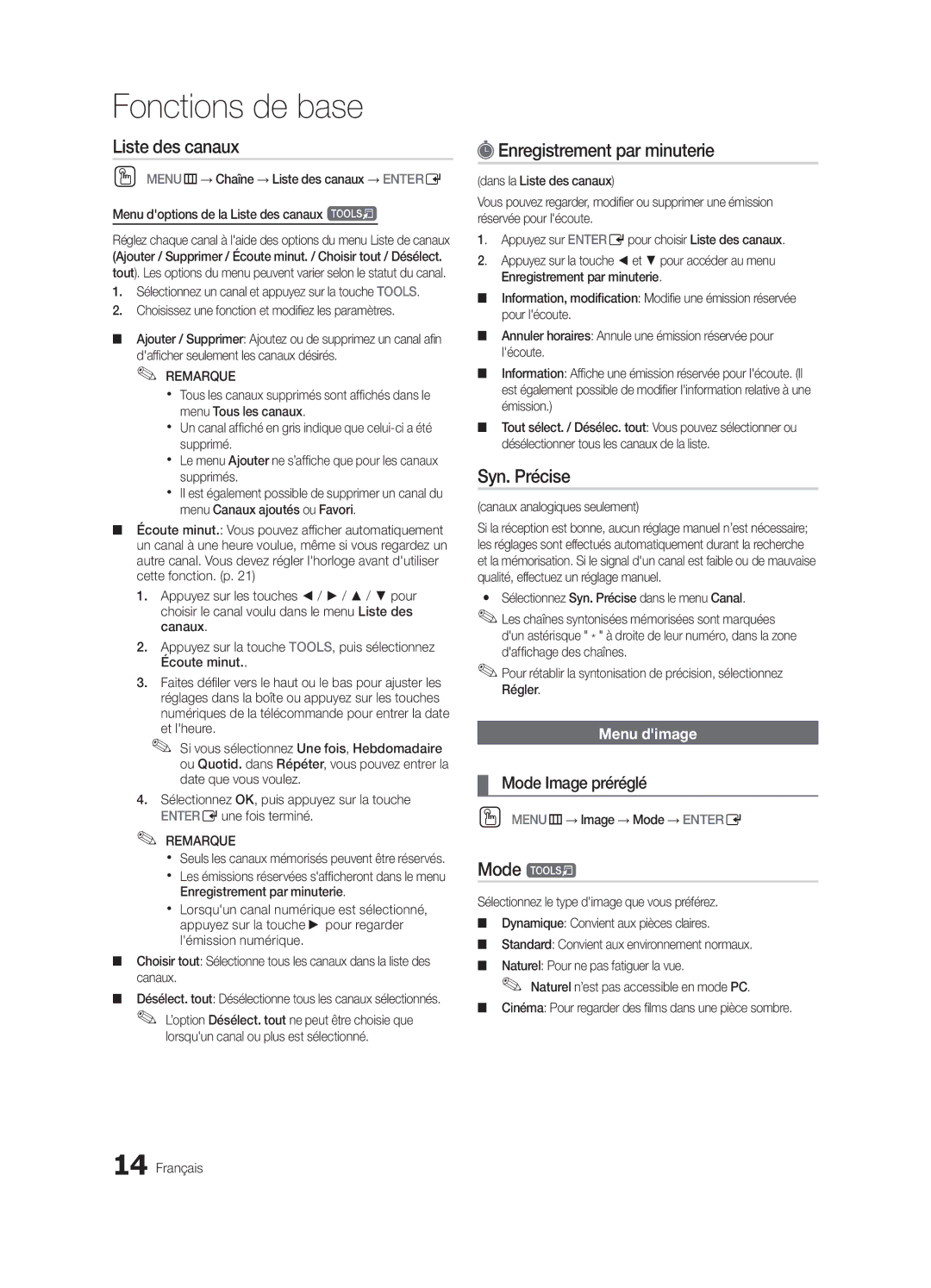 Samsung 750 user manual Enregistrement par minuterie, Syn. Précise, Mode Image préréglé, Menu dimage 