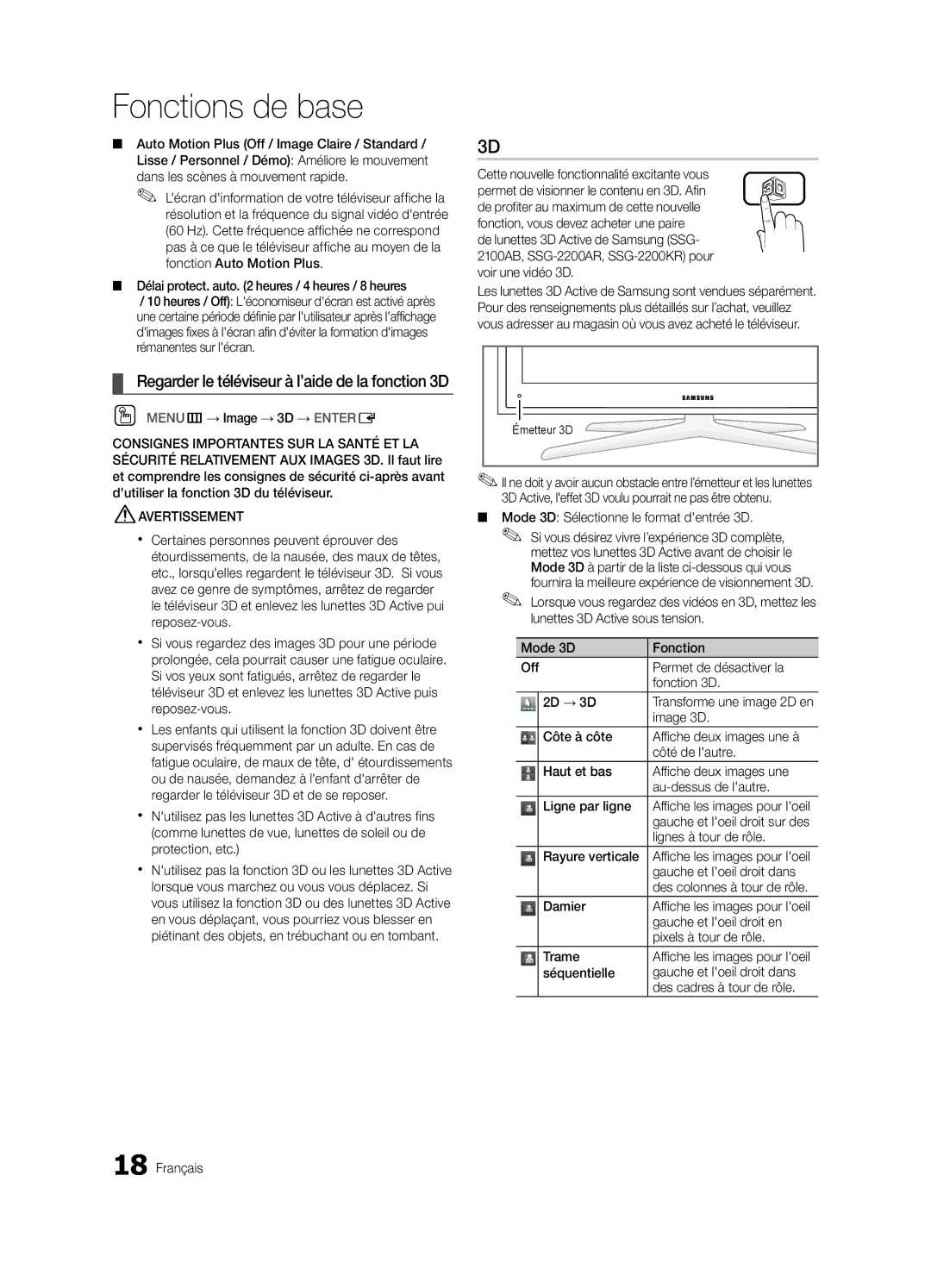 Samsung 750 user manual Regarder le téléviseur à l’aide de la fonction 3D 