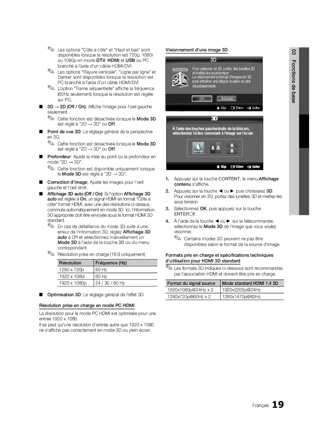 Samsung 750 user manual Branché à l’aide d’un câble HDMI/DVI, Visionnement dune image 3D, OK Annuler 