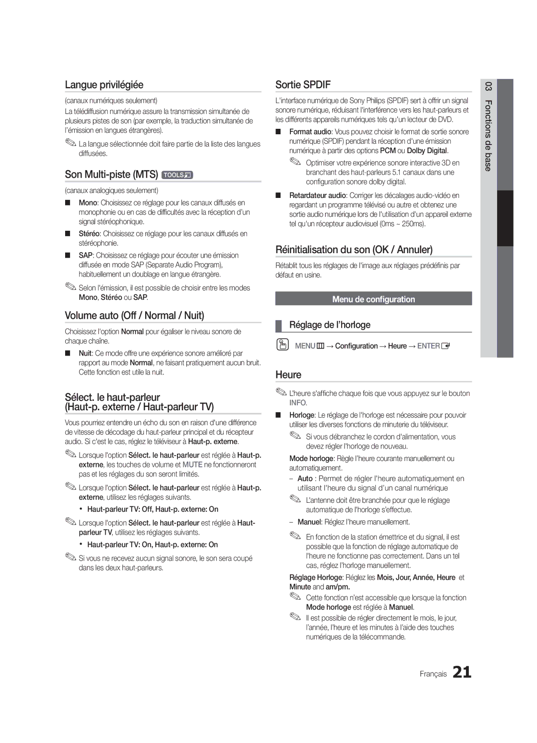 Samsung 750 user manual Langue privilégiée, Son Multi-piste MTS t, Volume auto Off / Normal / Nuit, Sortie Spdif, Heure 