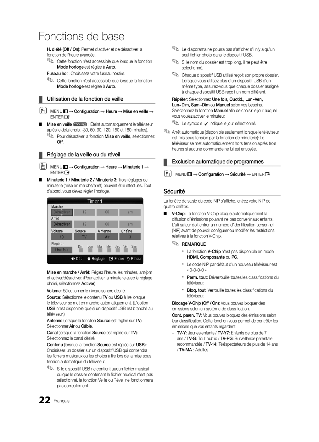 Samsung 750 user manual Sécurité, Utilisation de la fonction de veille, Réglage de la veille ou du réveil 