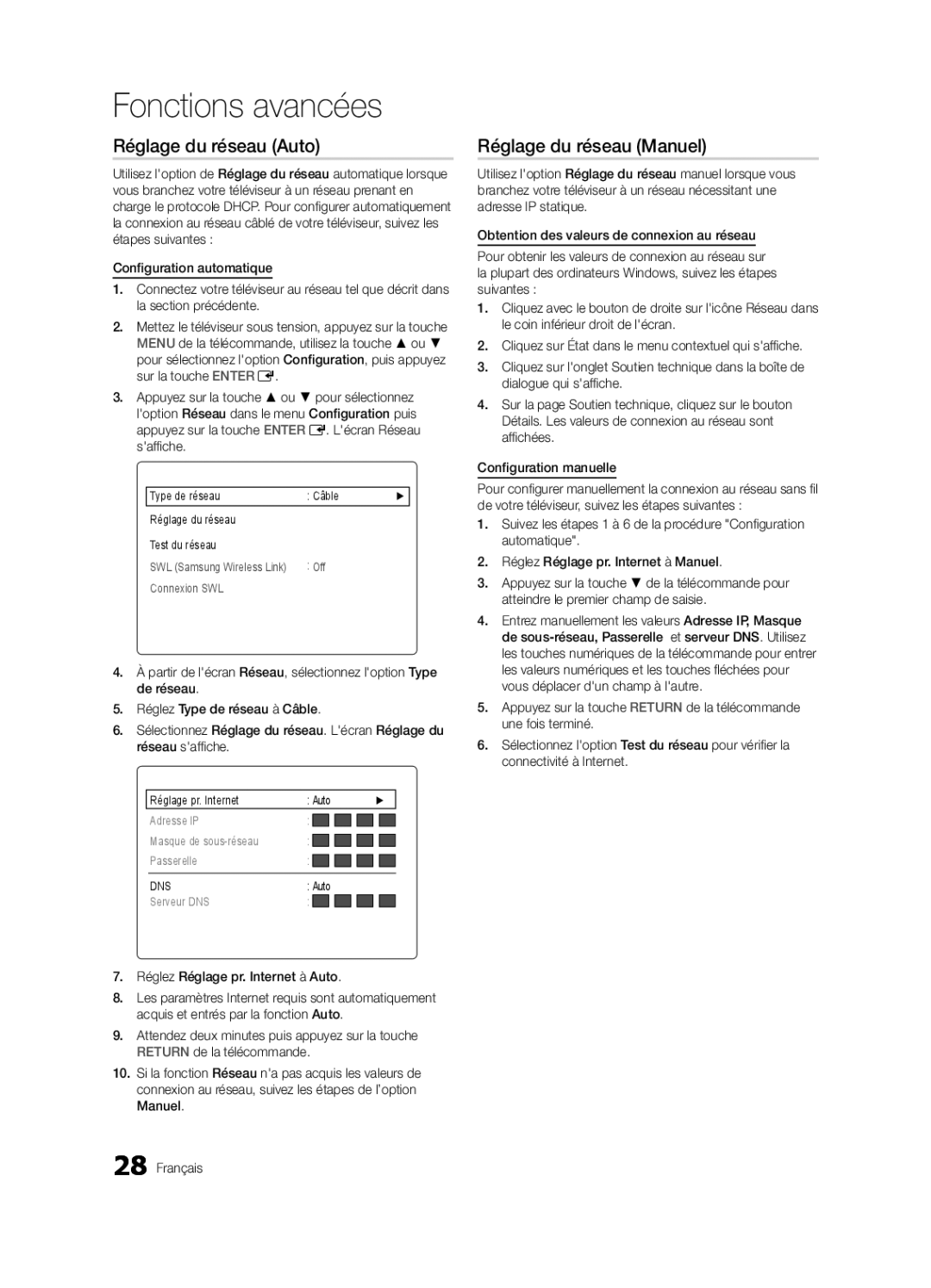 Samsung 750 user manual Réglage du réseau Auto, Réglage du réseau Manuel, Réseau, Réglez Réglage pr. Internet à Auto 