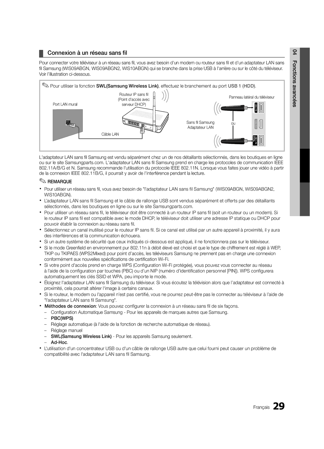 Samsung 750 user manual Connexion à un réseau sans fil, Sans fil Samsung Adaptateur LAN Câble LAN 