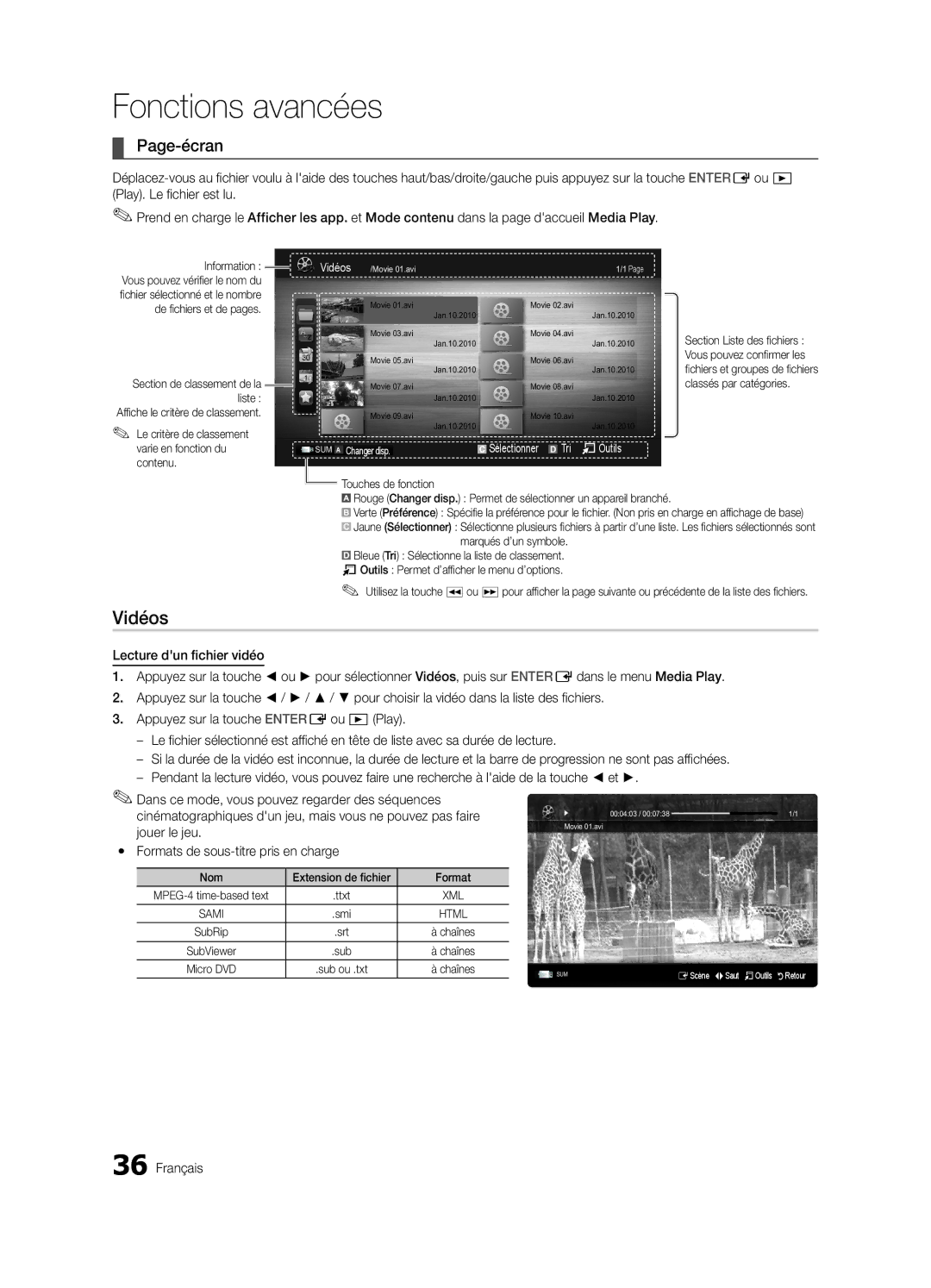 Samsung 750 user manual Vidéos, Page-écran, Jouer le jeu, Yy Formats de sous-titre pris en charge, Tri TOutils 