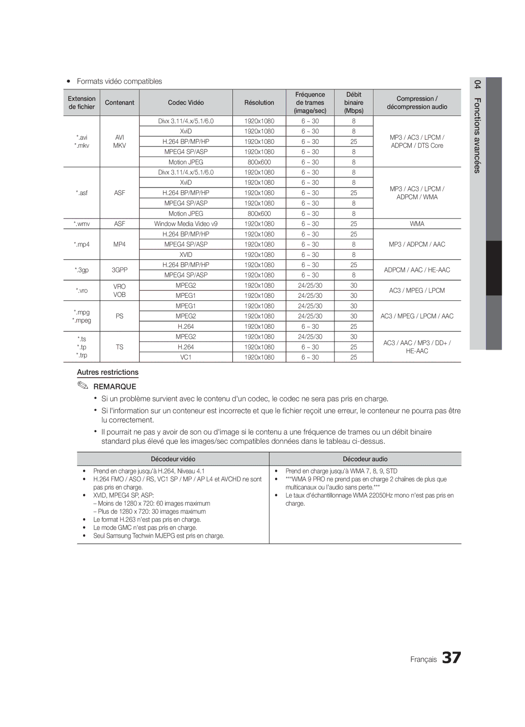 Samsung 750 user manual Yy Formats vidéo compatibles, Autres restrictions 