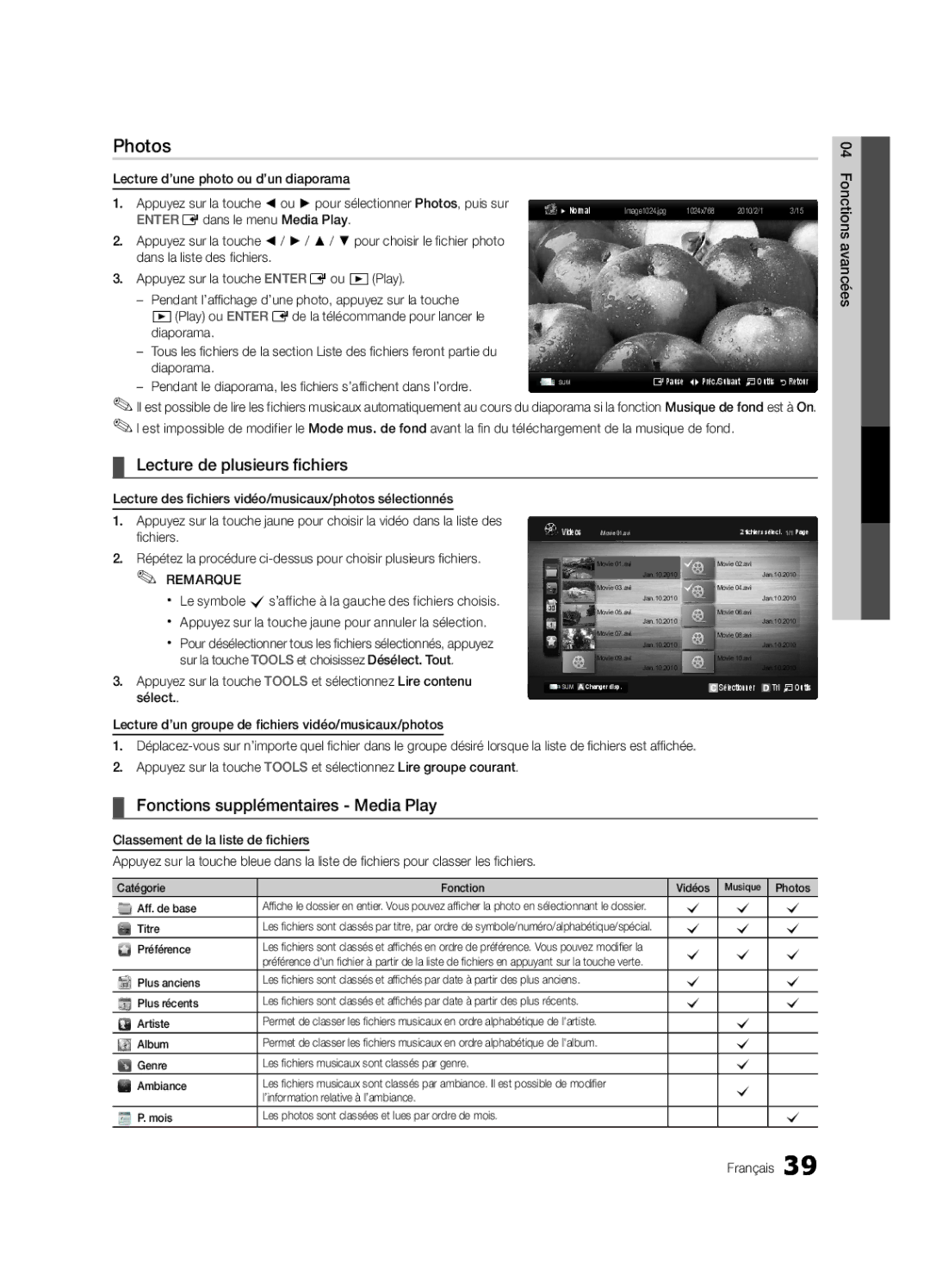 Samsung 750 user manual Lecture de plusieurs fichiers, Fonctions supplémentaires Media Play 