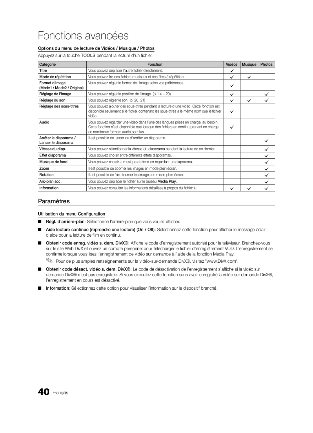 Samsung 750 user manual Paramètres, Vidéo Audio 