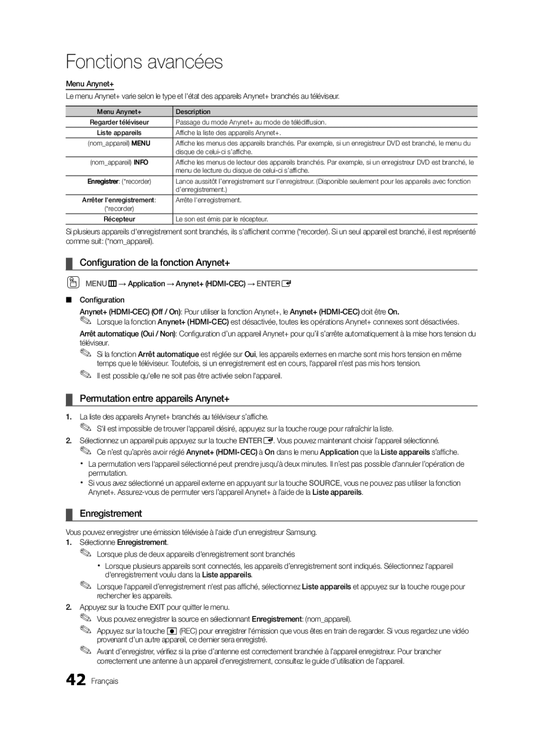 Samsung 750 user manual Configuration de la fonction Anynet+, Permutation entre appareils Anynet+, Enregistrement 