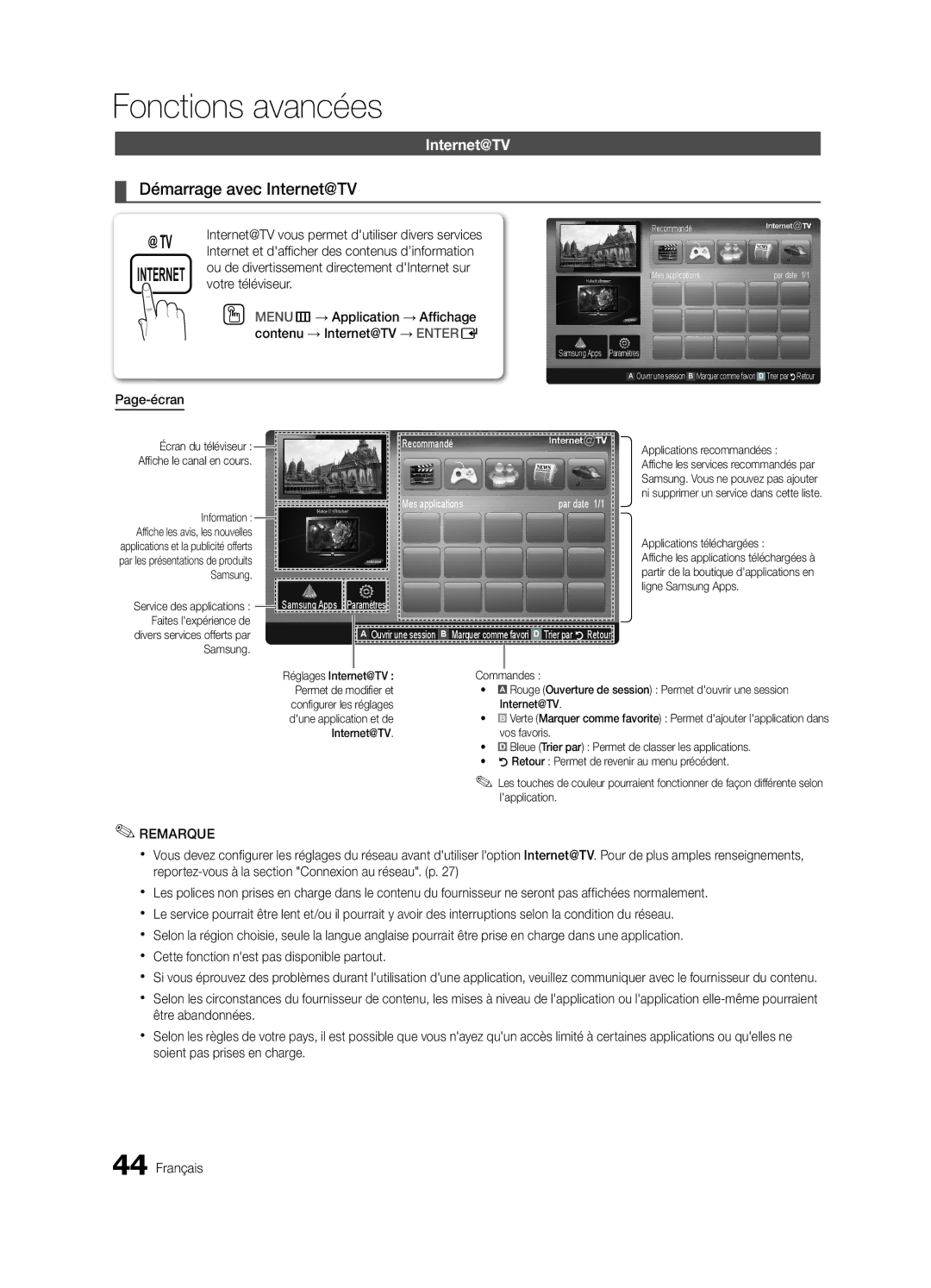 Samsung 750 user manual Démarrage avec Internet@TV, Recommandé Mes applications, Applications téléchargées, Commandes 