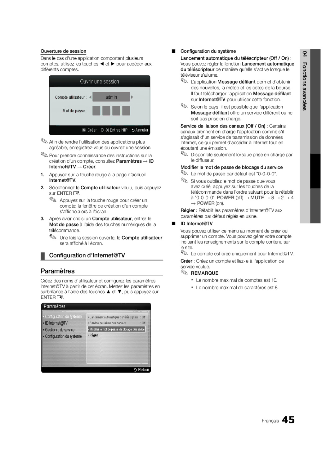 Samsung 750 user manual Configuration dInternet@TV, Ouvrir une session, Mot de passe Créer, RRetour 